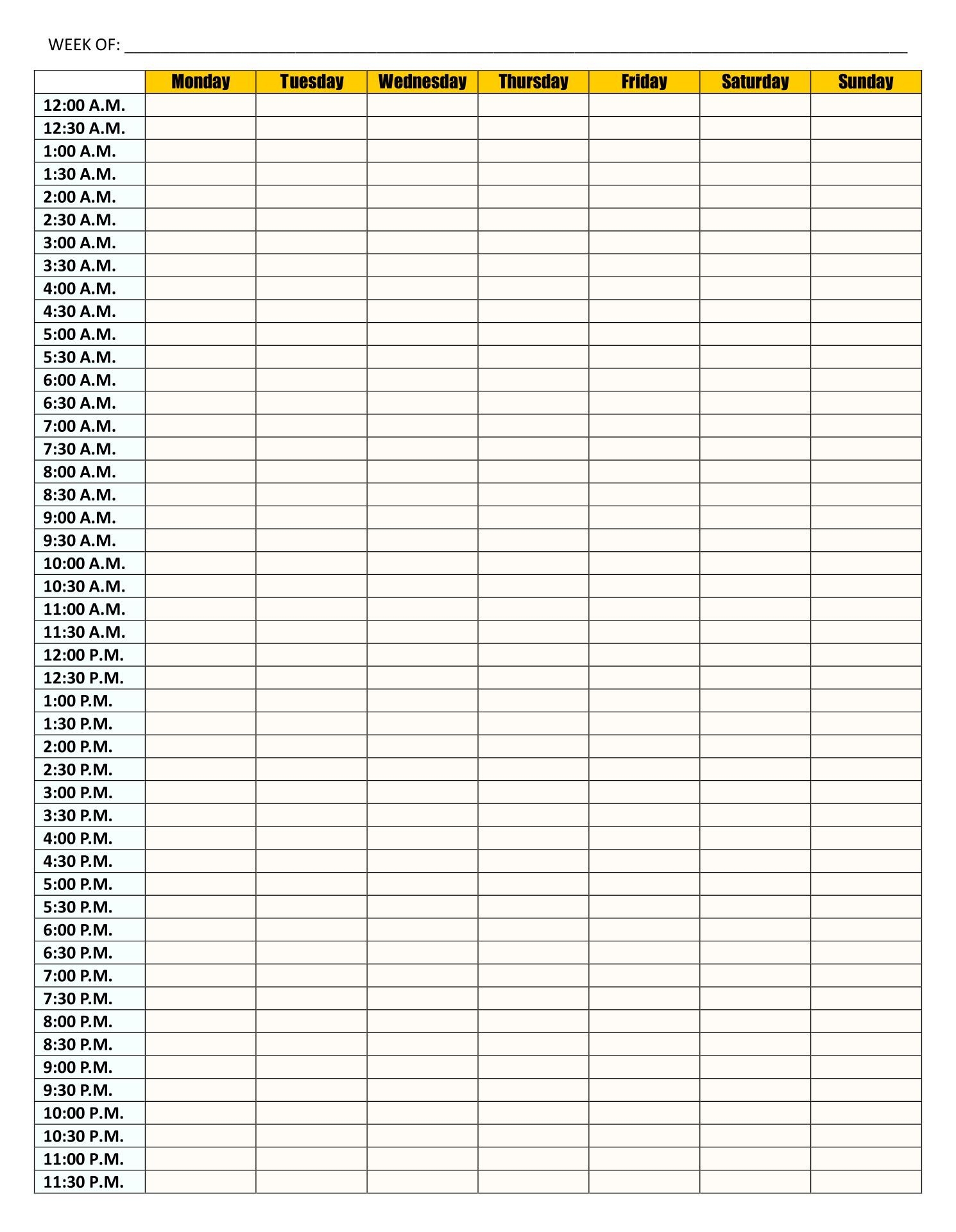 Printable Blank Weekly Time Slots