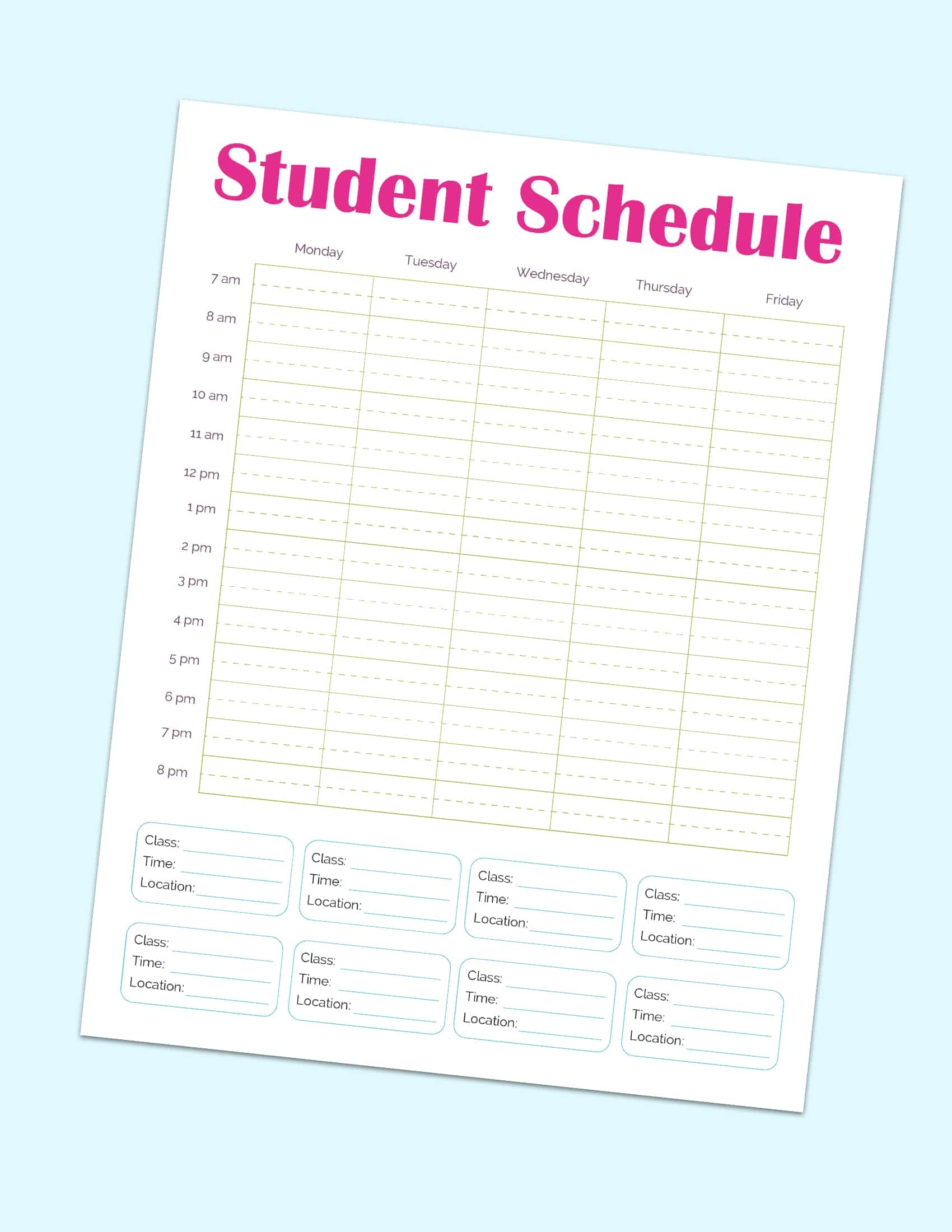 Printable Class Schedule Template PDF Download 