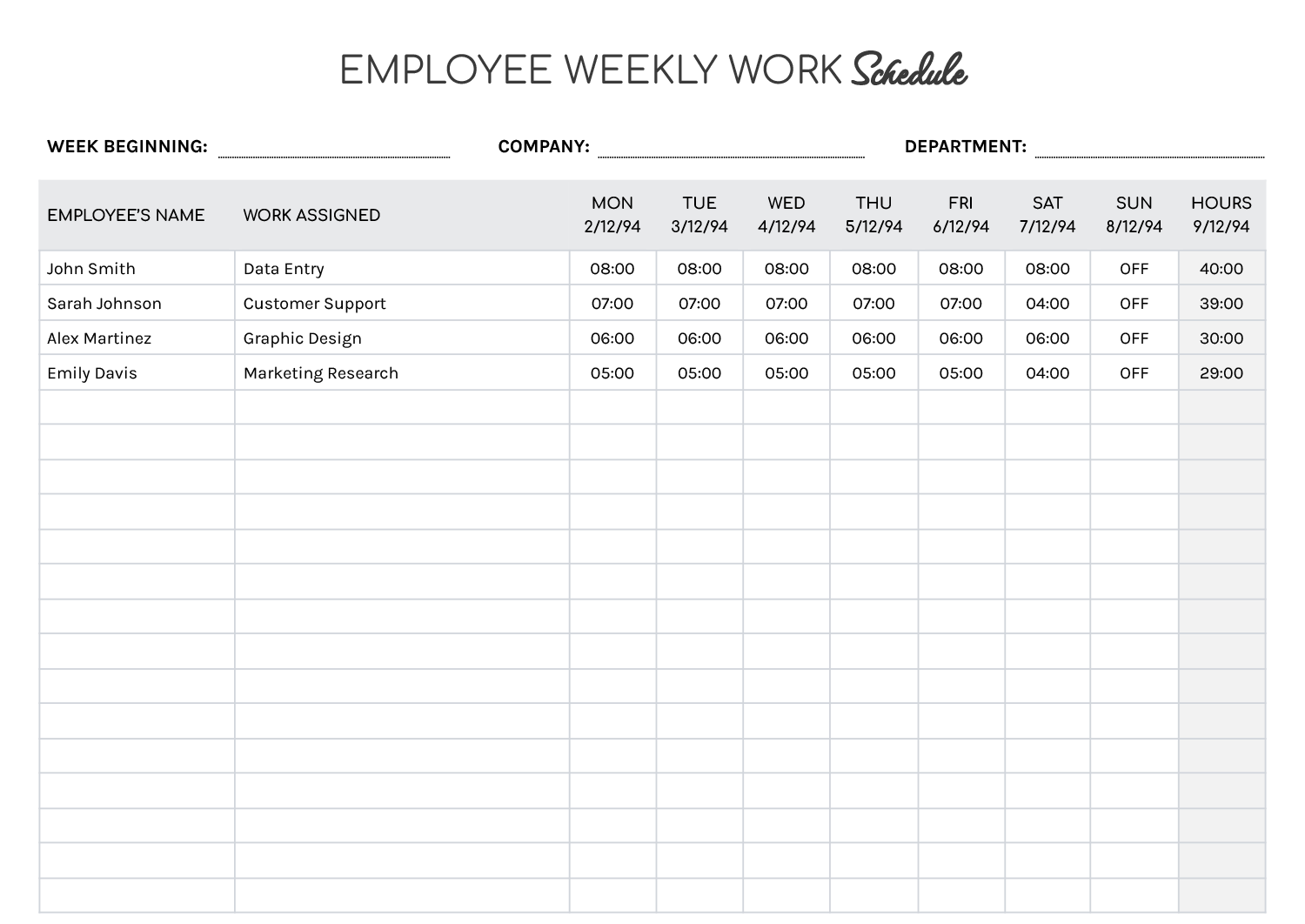 Printable Employee Weekly Work Schedule Template Google Docs Word Highfile