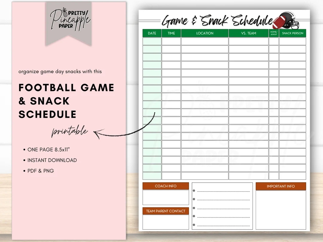 Printable Football Team Game Day And Snack Schedule Instant Download Template Sport Calendar Schedule Planner Flag Pop Warner Midgets Etsy