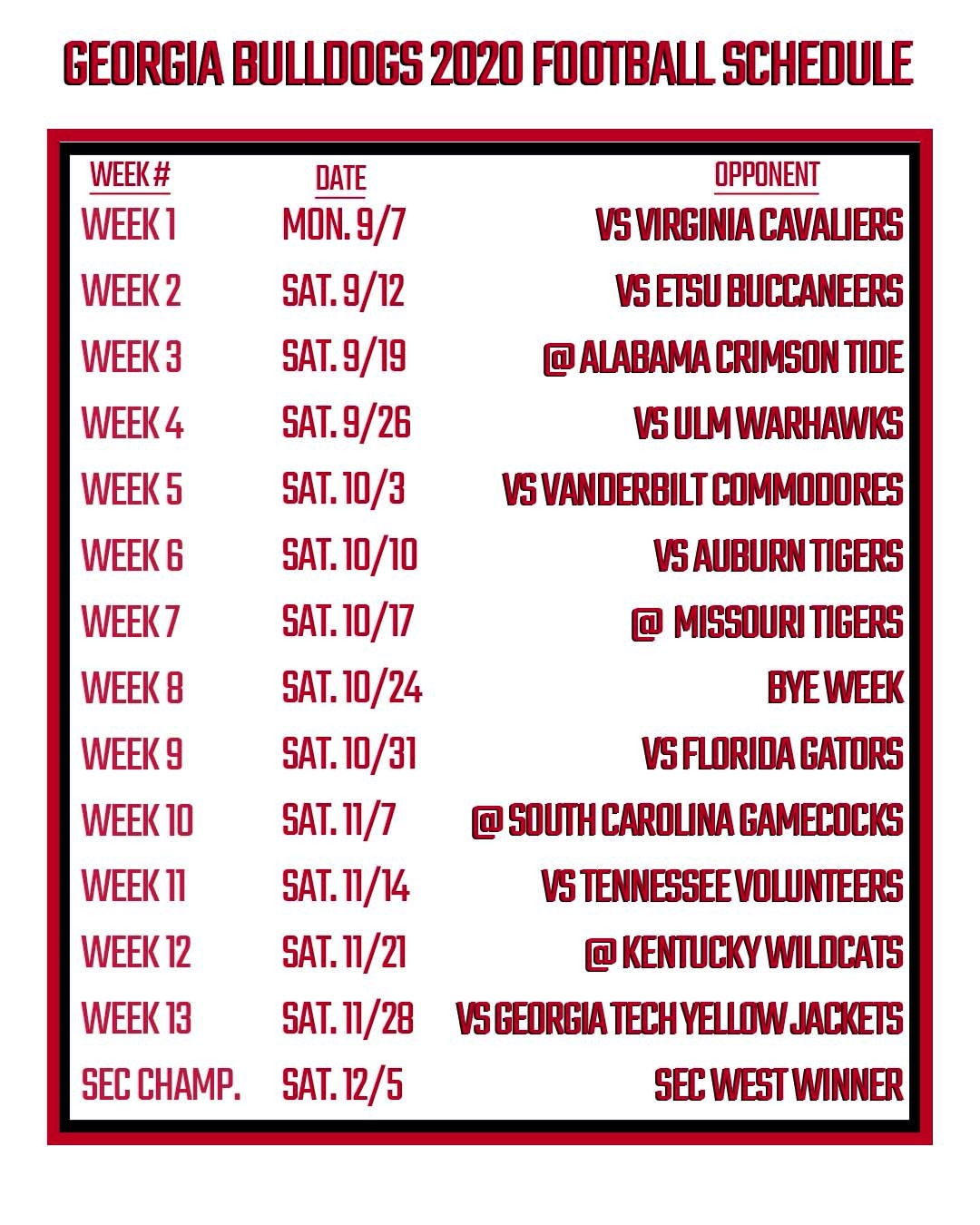 Printable Georgia Football Schedule 2020 FanDuel Research