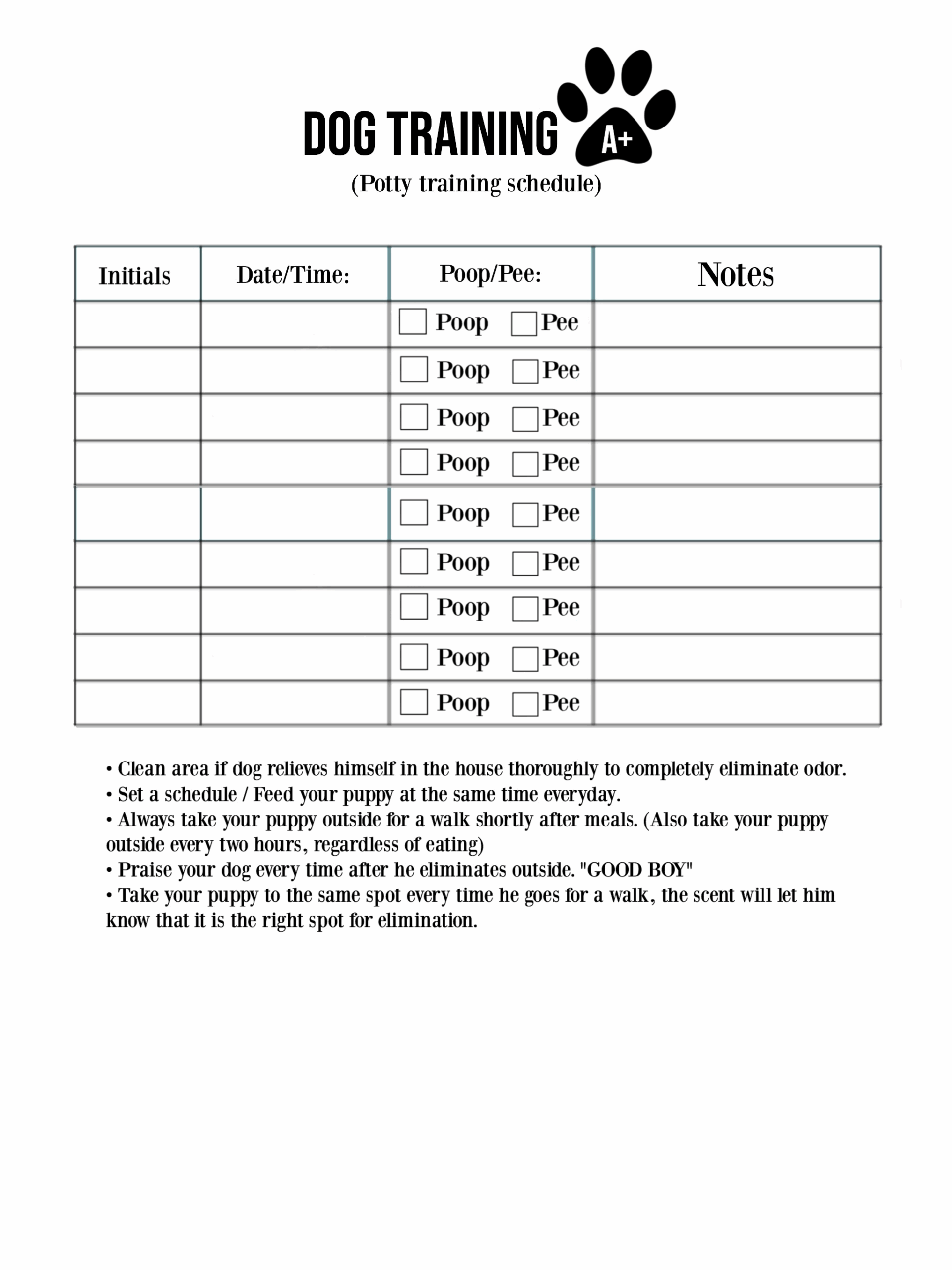 Printable Puppy Potty Training Schedule