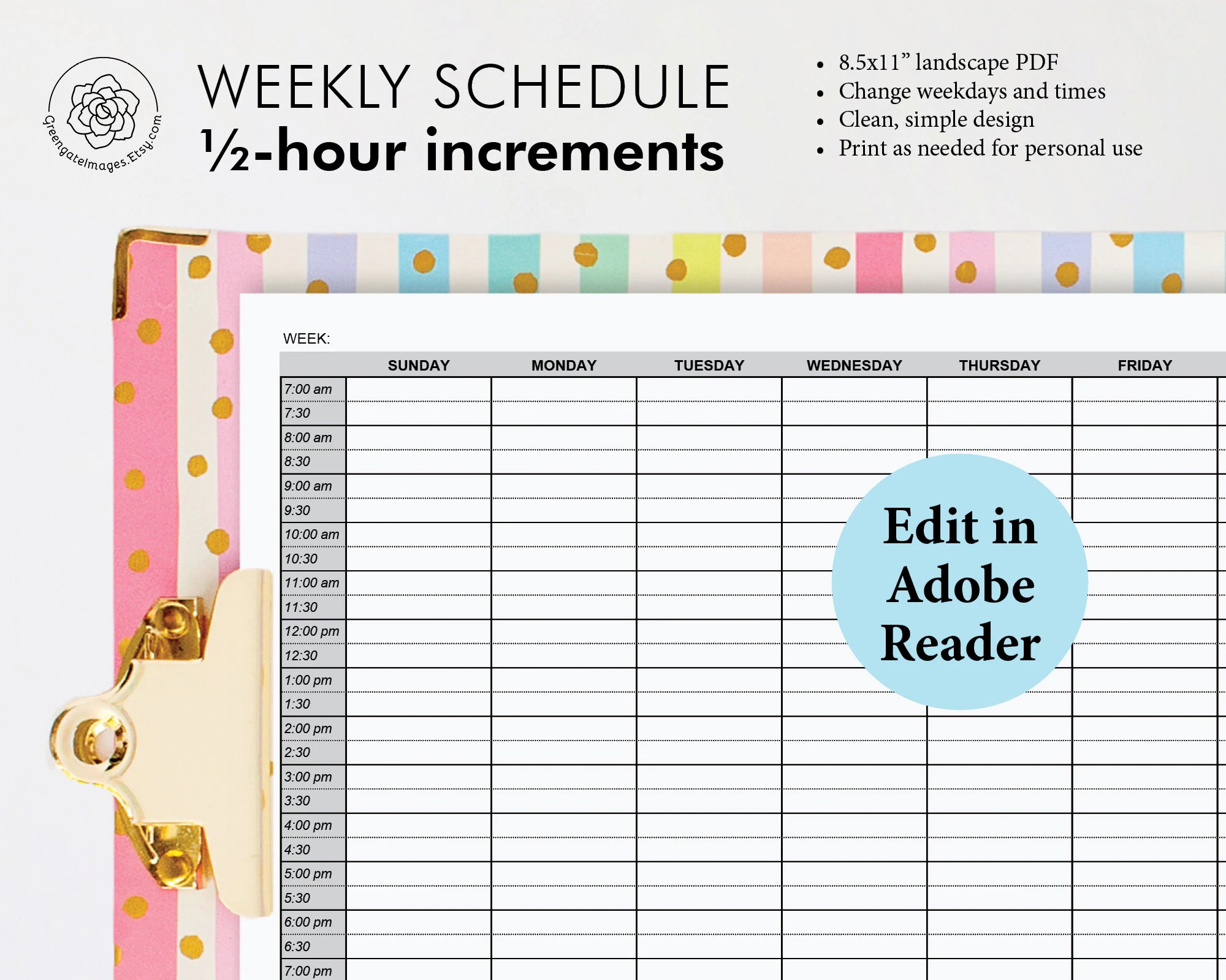 Printable Weekly Planner Editable Weekly Schedule Half hour Increments 7 Day Tracker Hourly Planning Day Planner Page Itinerary Chart Etsy