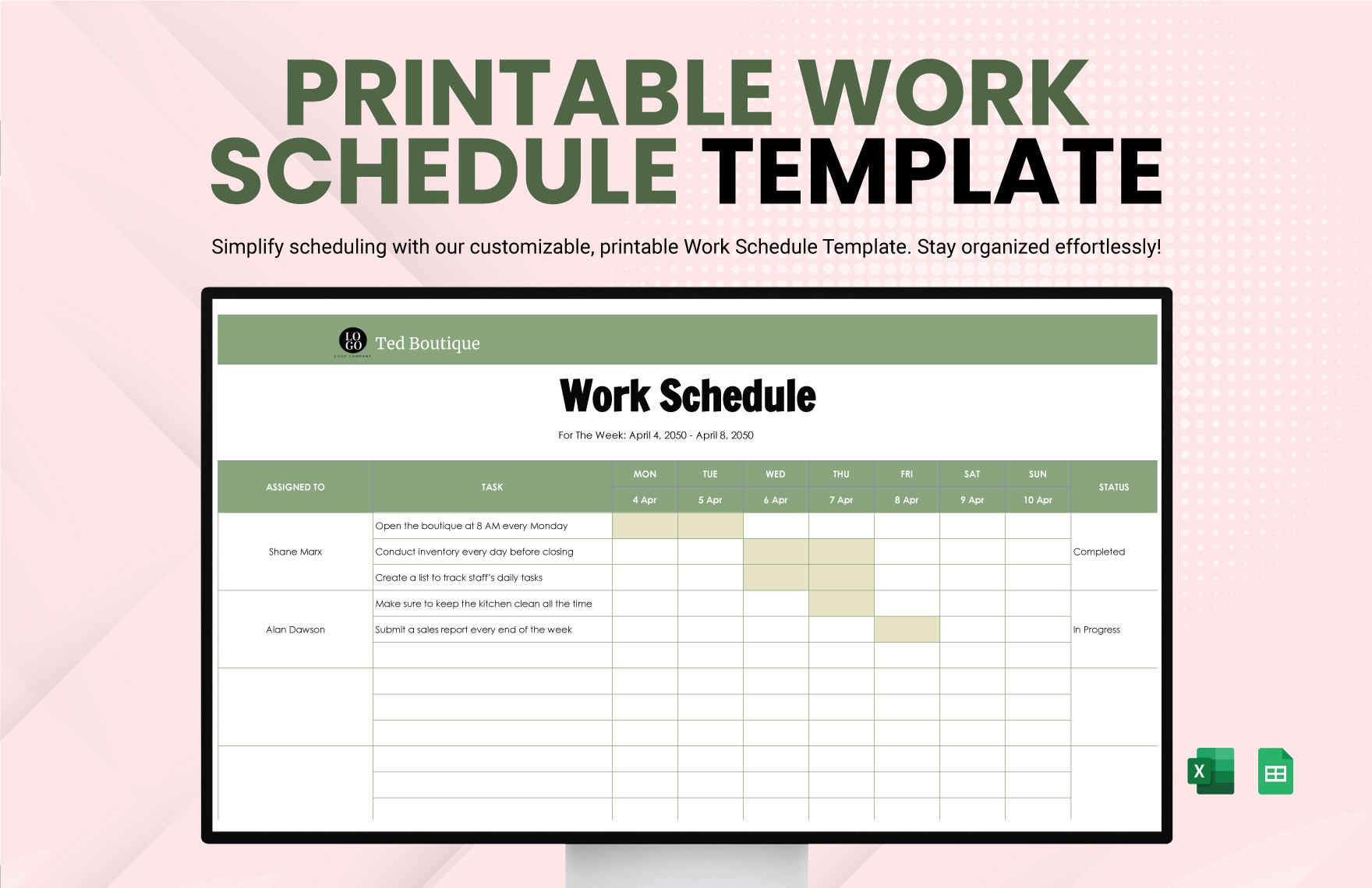 Printable Work Schedule Template In Excel Google Sheets Download Template
