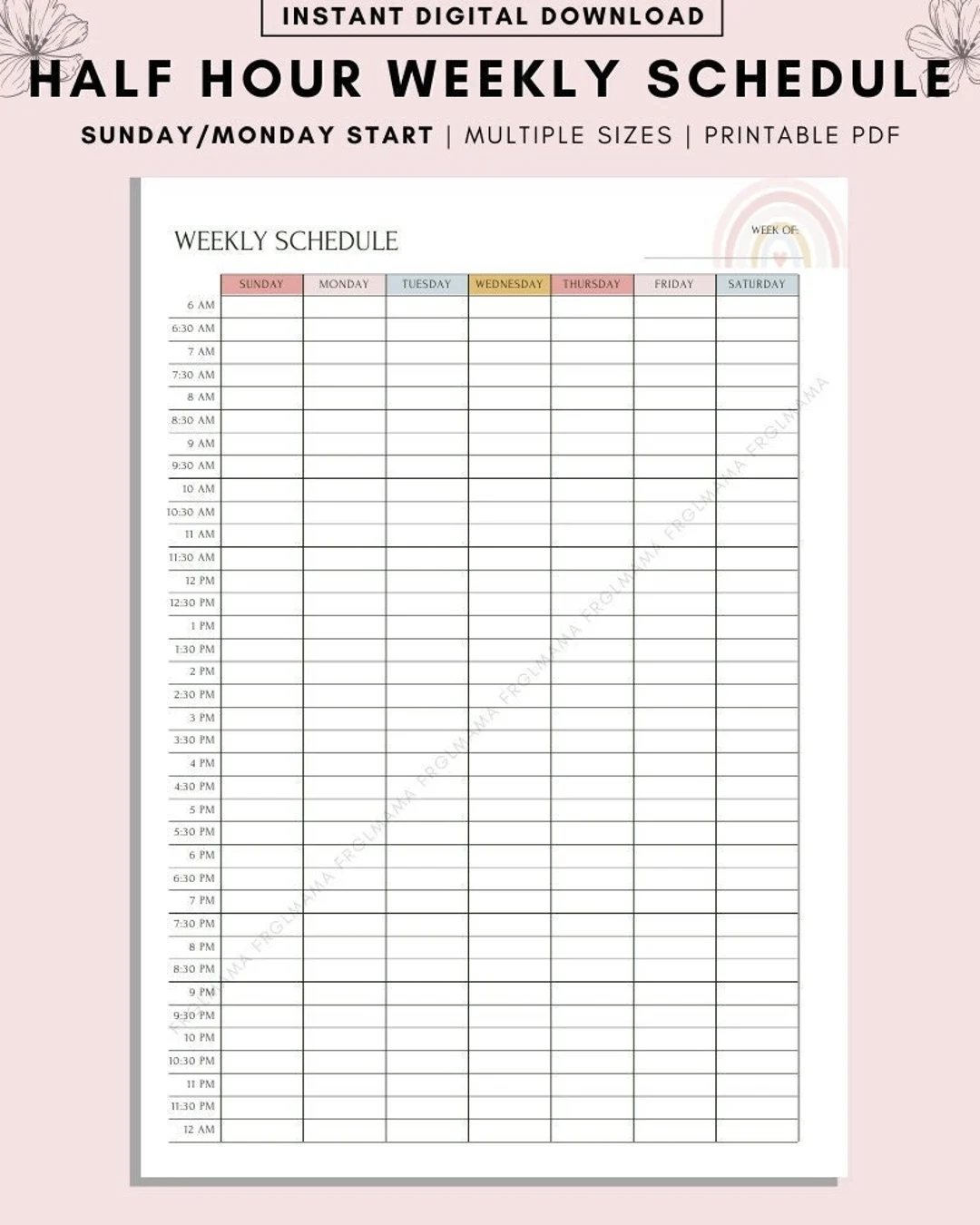 Rainbow Half Hour Weekly Schedule Weekly Planner Printable Weekly To Do List Weekly Agenda Sunday Monday Start 6AM To Midnight Week Etsy
