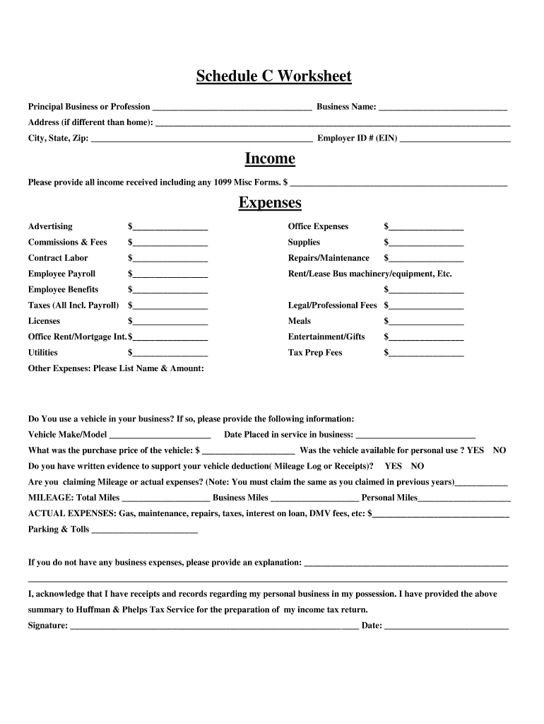 Schedule C Expenses Worksheet Fill Online Printable Fillable Blank PdfFiller