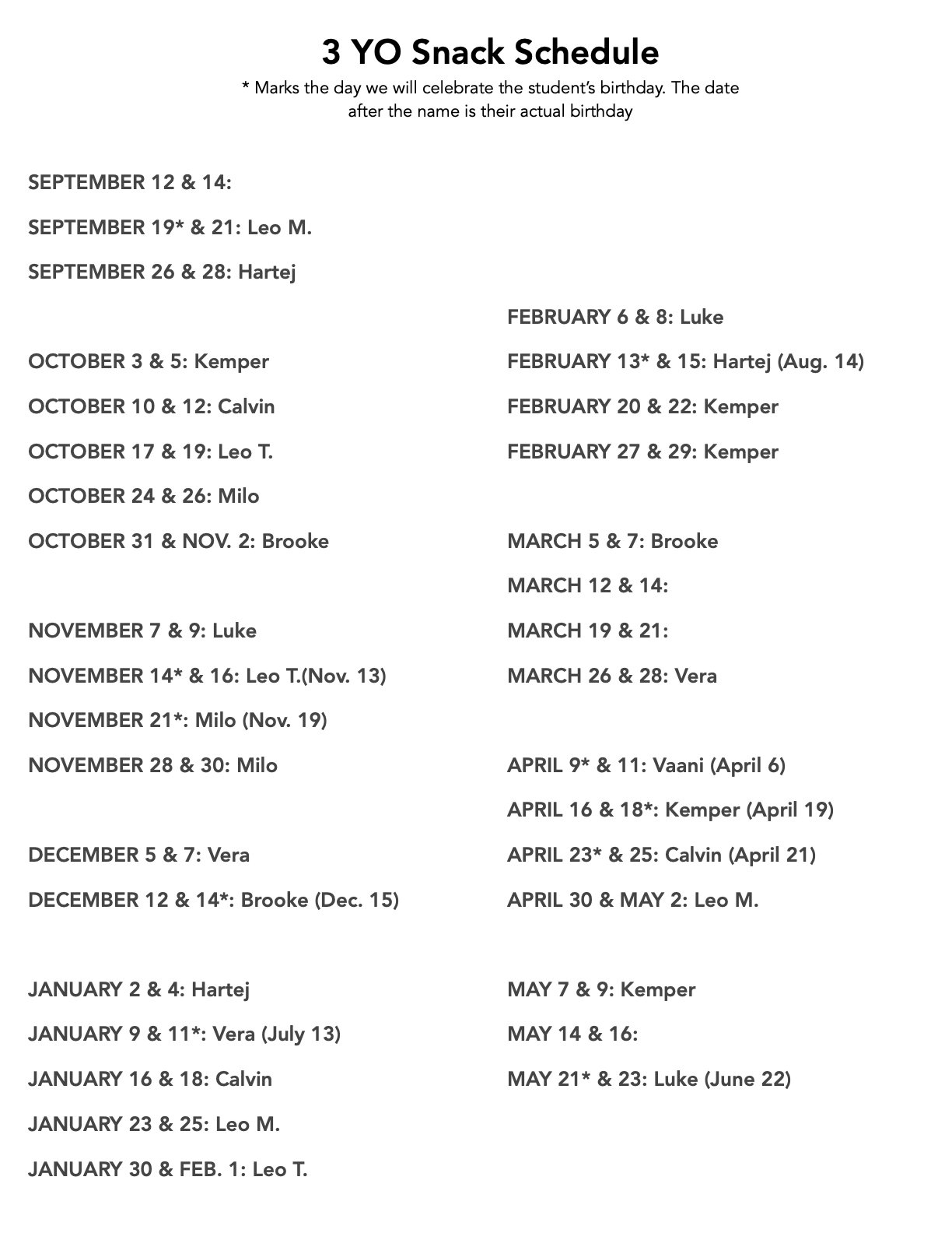 Snack Schedules Bellingham Covenant Preschool