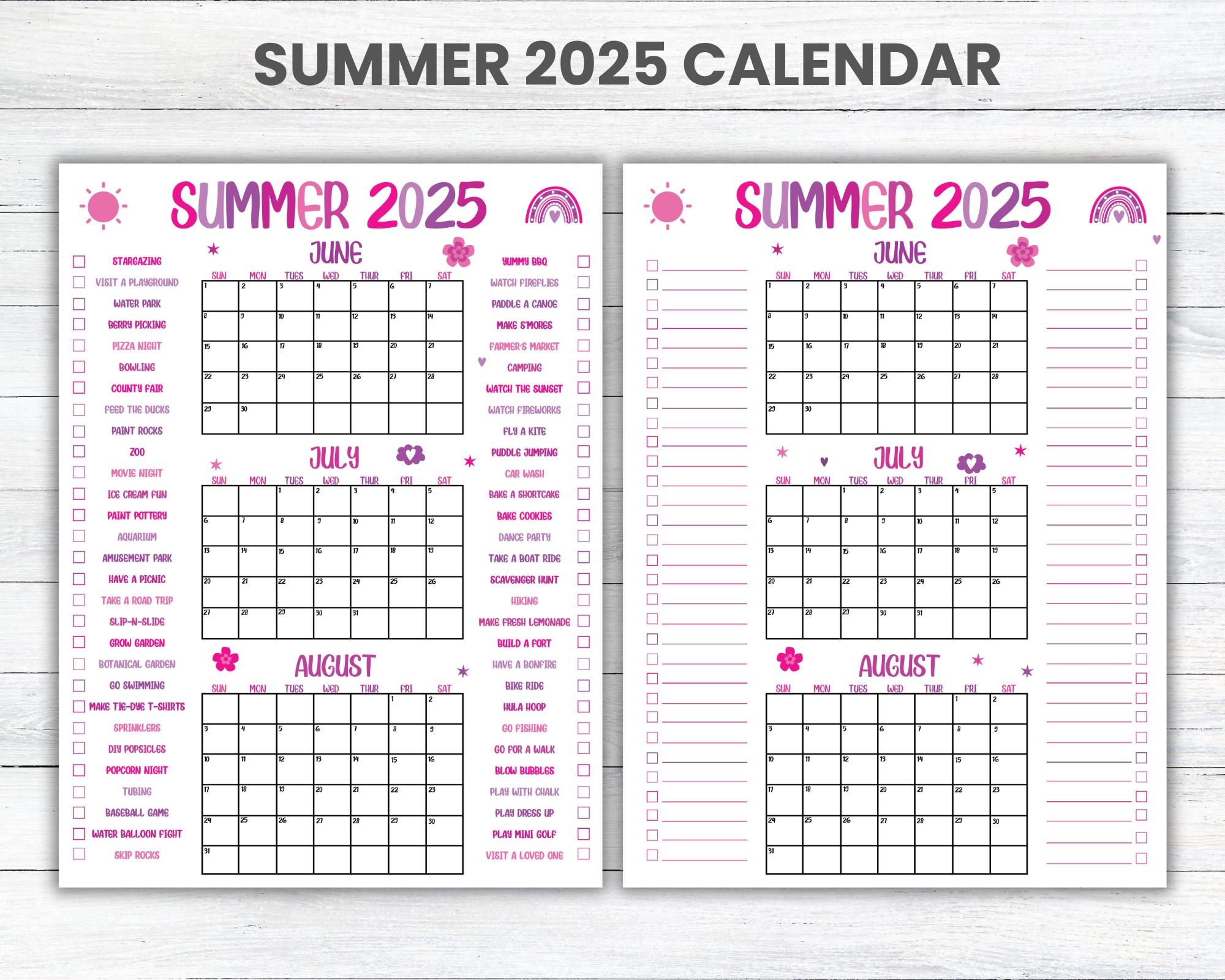 Summer 2025 Pink Printable Calendar Poster Summer Fill In Activities Calendar 2025 Summer DIY Bucket List Summer Check List Printable Etsy