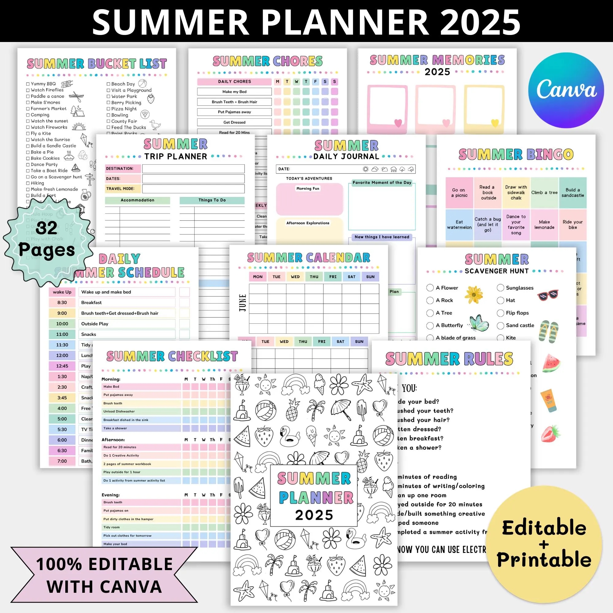 Summer Planner 2025 For Kids Printable editable Summer Rules Checklist Poster summer Bucket List Digital summer Calendar Activity Chart Pdf Etsy