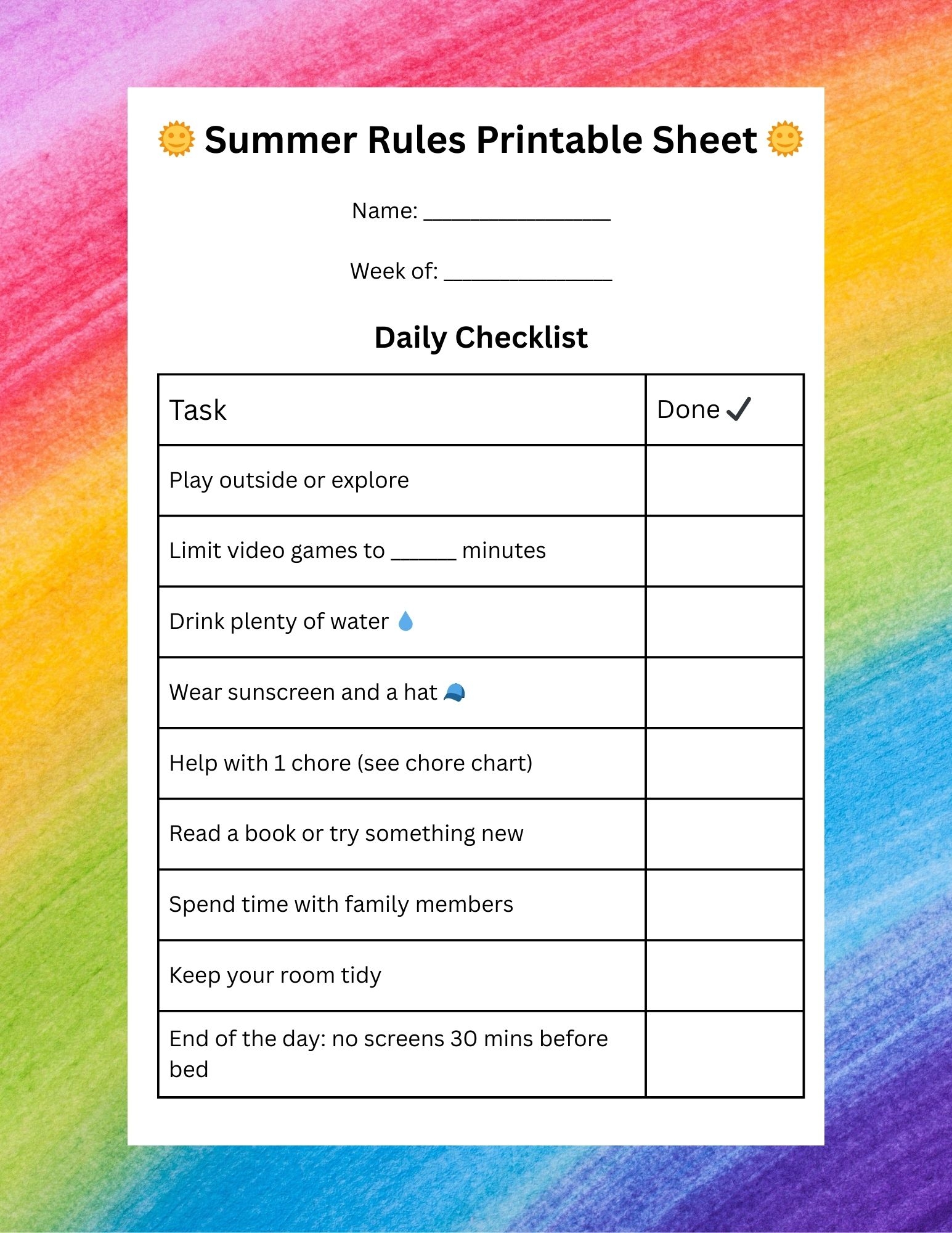 Summer Schedule For Kids Printable