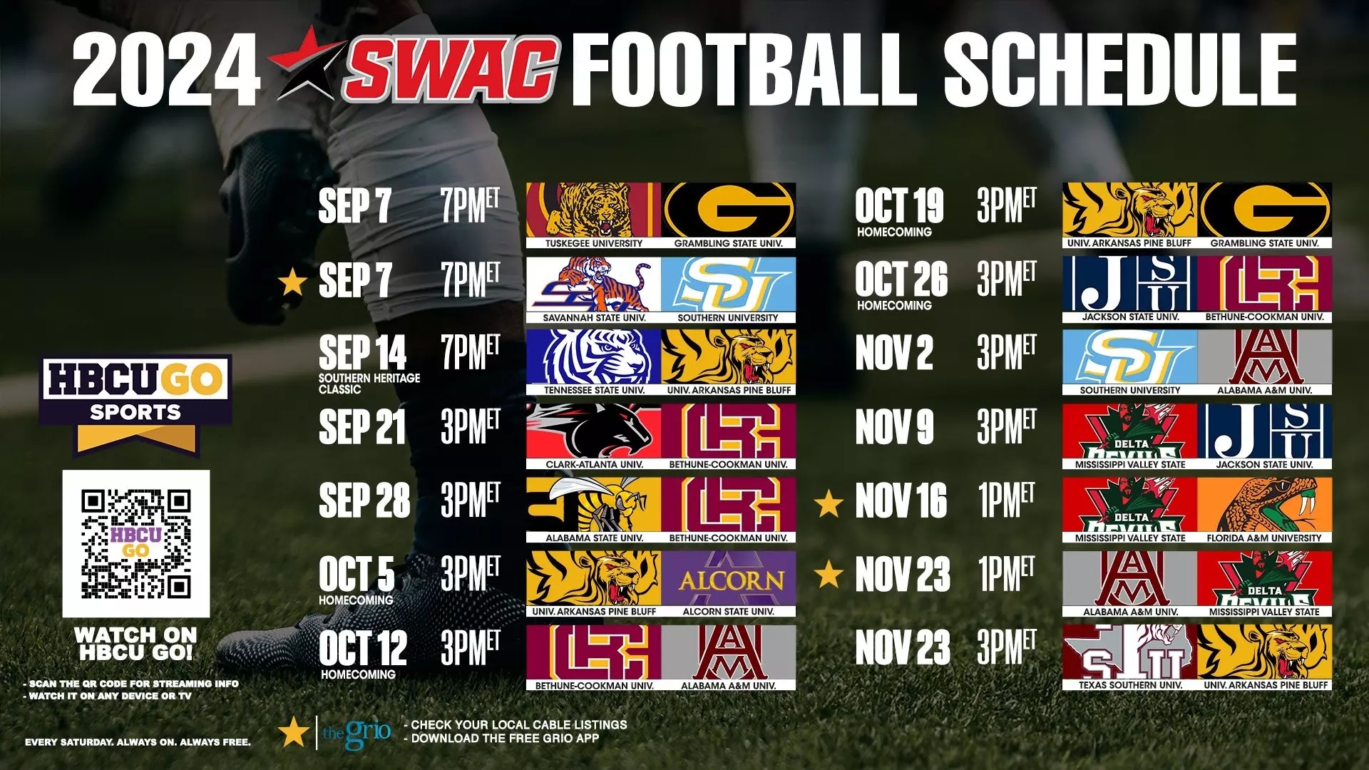 SWAC ANNOUNCES 2024 HBCU GO FOOTBALL SCHEDULE RELEASE Mississippi Valley State University Athletics