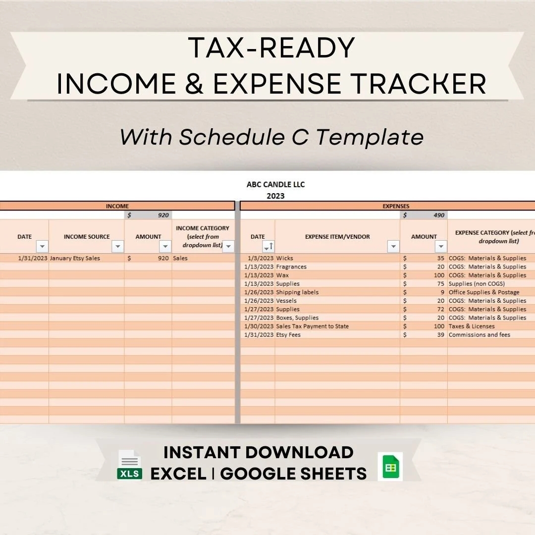 Tax ready Income Expense Tracker Schedule C Excel Template Small Business Bookkeeping Tax Planner Schedule C Google Sheets Template Etsy