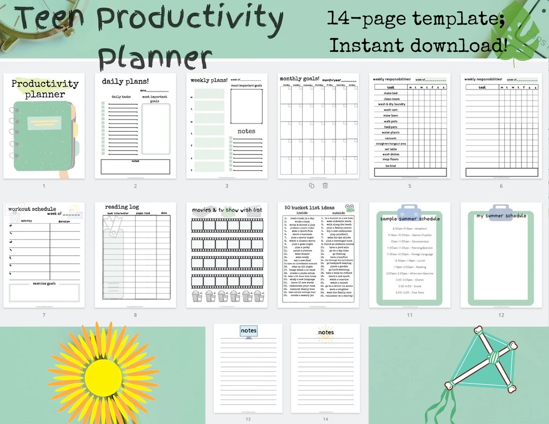 Teen Planner Instant Planner Summer Planner Teen Summer Schedule Daily Planner Weekly Planner Bucket List Chore Chart Movie List Etsy