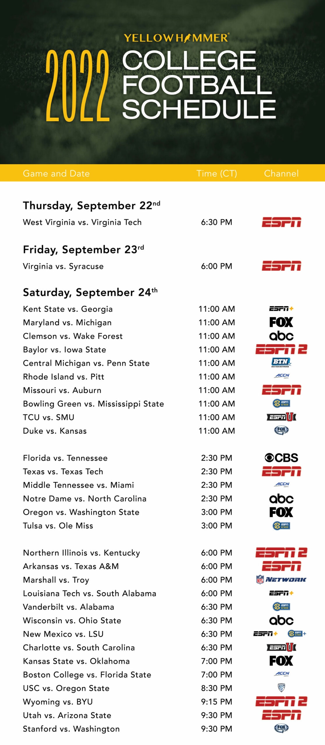 This Weekend s College Football TV Schedule Yellowhammer News