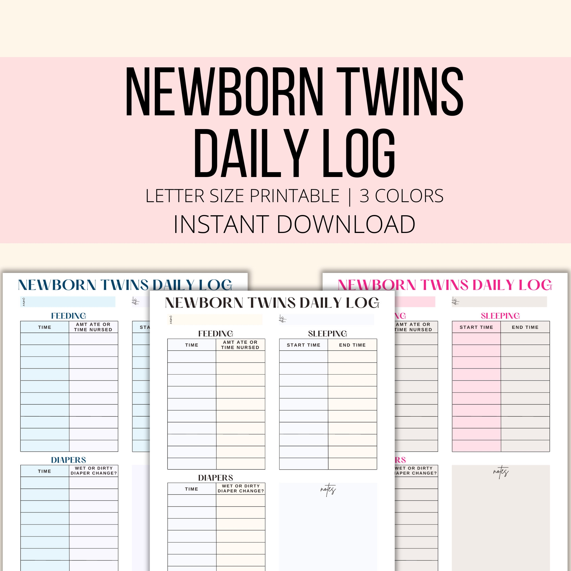Twin Baby Daily Log Printable Twin Schedule Tracker For Feeding Sleeping Diaper Changes PDF Newborn Twins Planner Twin Chart Etsy
