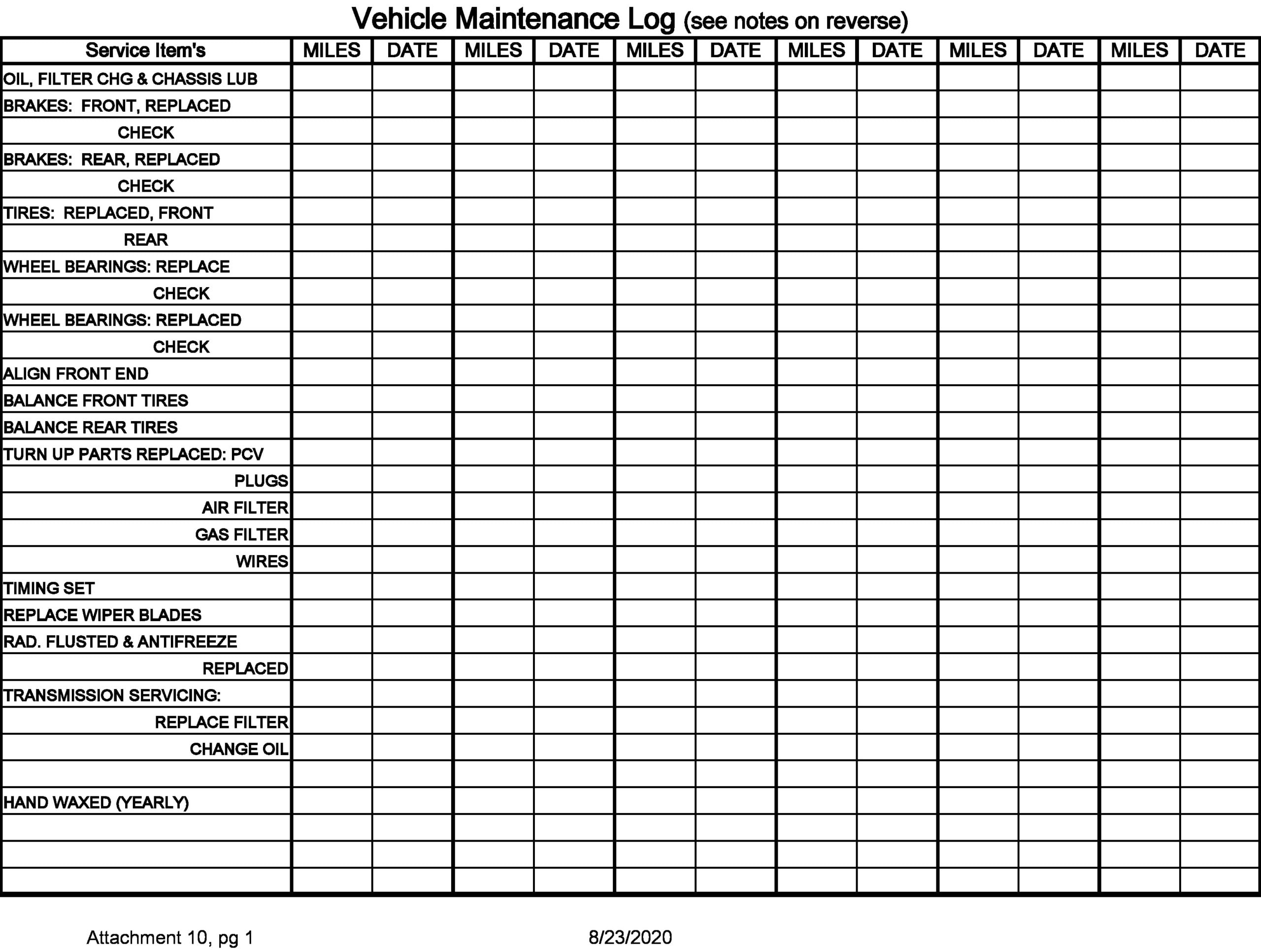 Vehicle Maintenance Log Free Printable Printable Party Favors