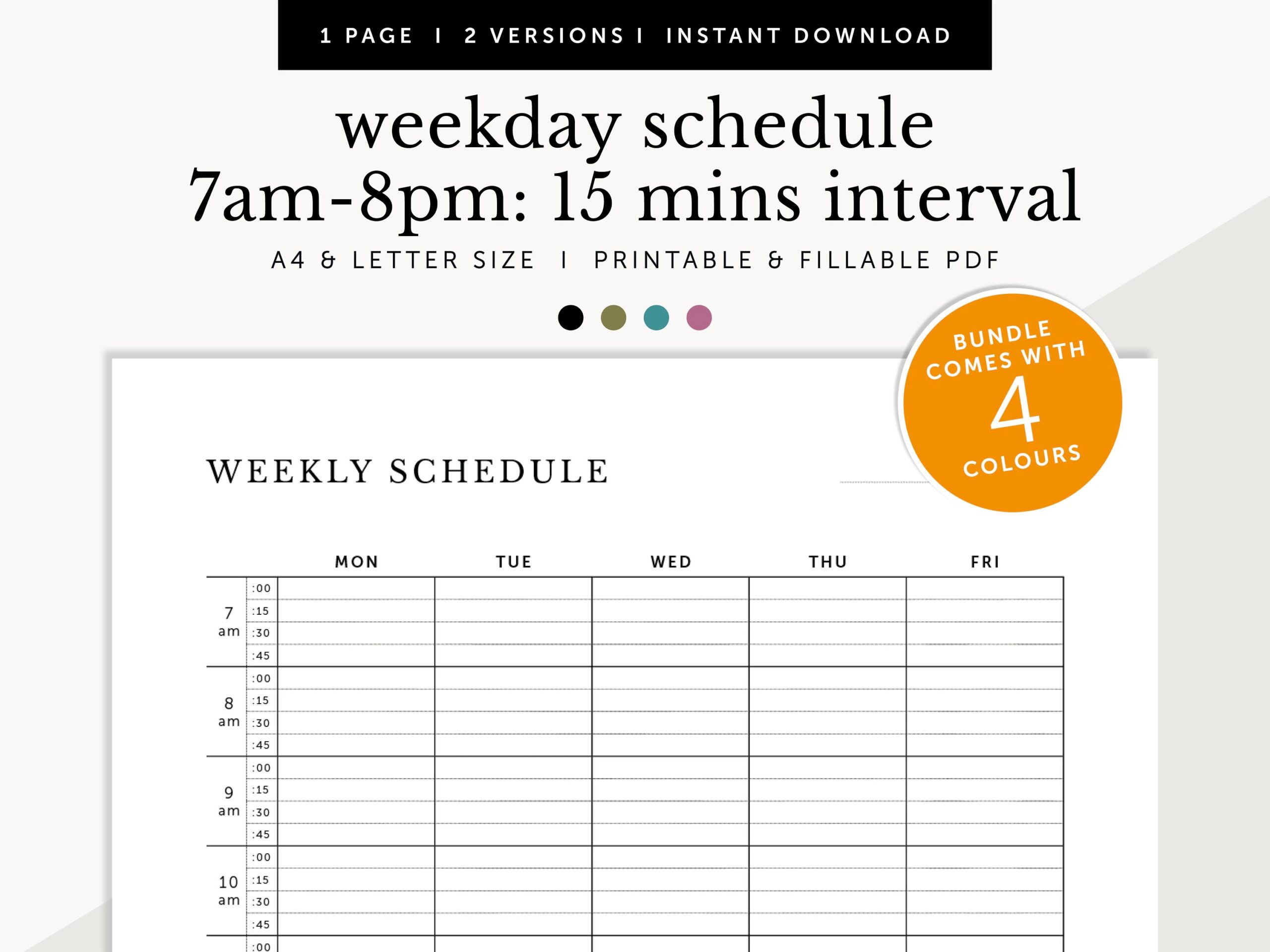 Weekday Schedule With 15 Minutes Interval 7am 8pm Weekly Appointments Tracker Fillable Printable Weekly Planner Inserts A4 letter Etsy