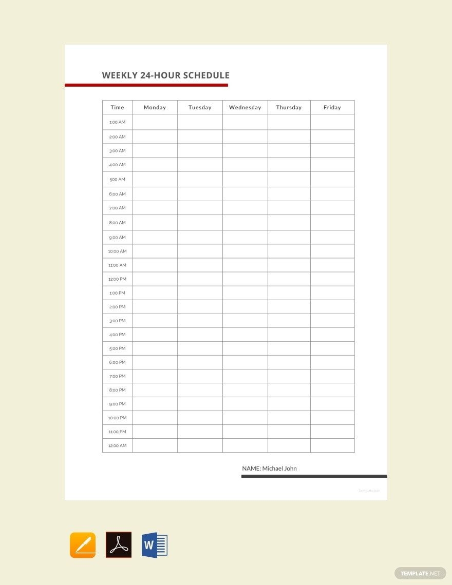 Weekly 24 Hour Schedule Template In Pages PDF Word Google Docs Download Template