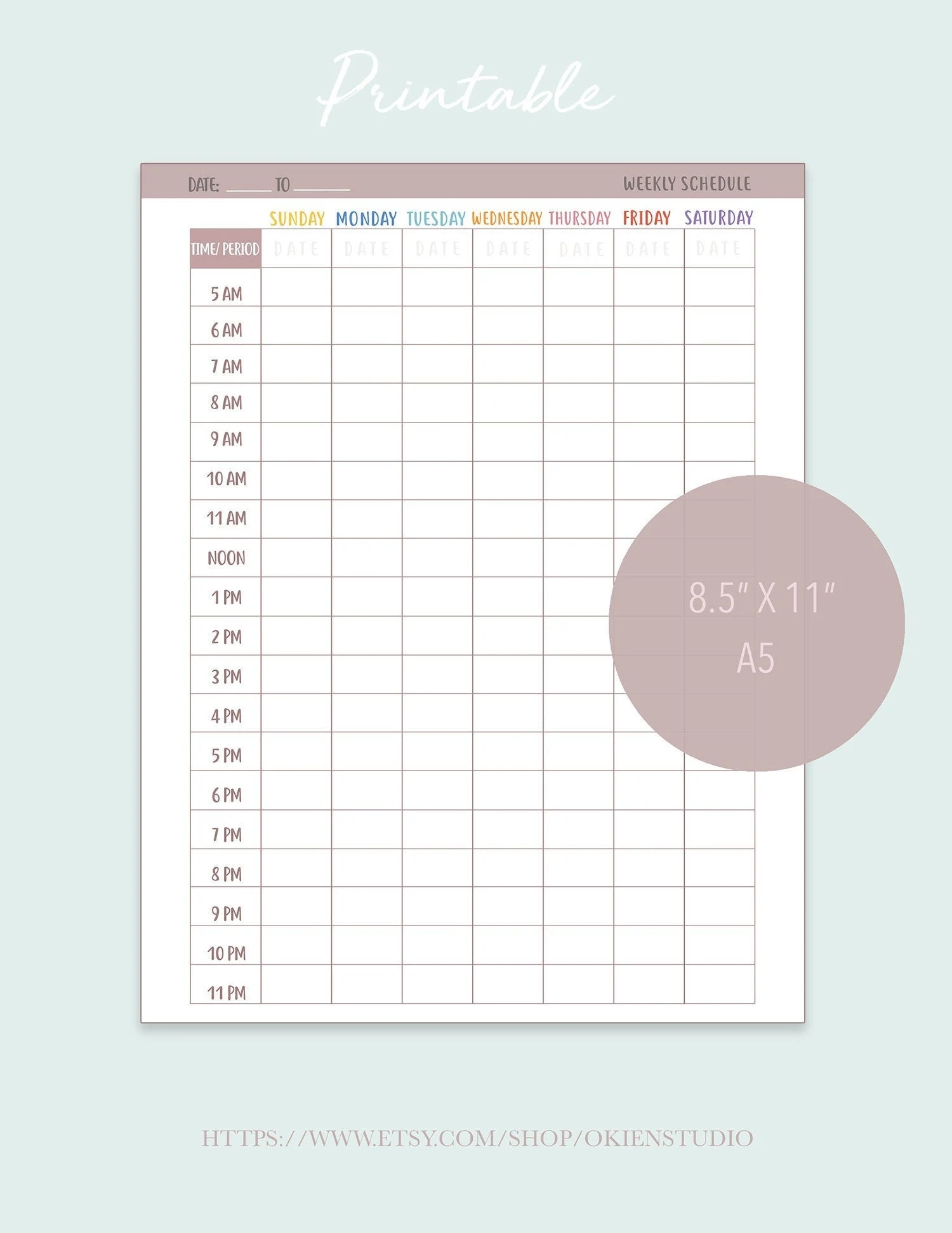Weekly Calendar Printable Time Slot Offfice Work Reminder Task Weekly Organize Time Appointment Calendar Weekly Schedule Planner Job Etsy