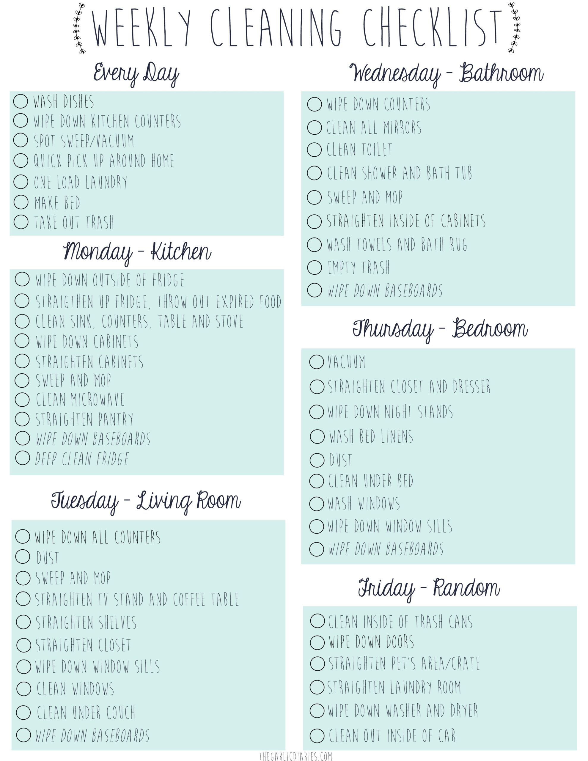 Weekly Cleaning Schedule Printable Free