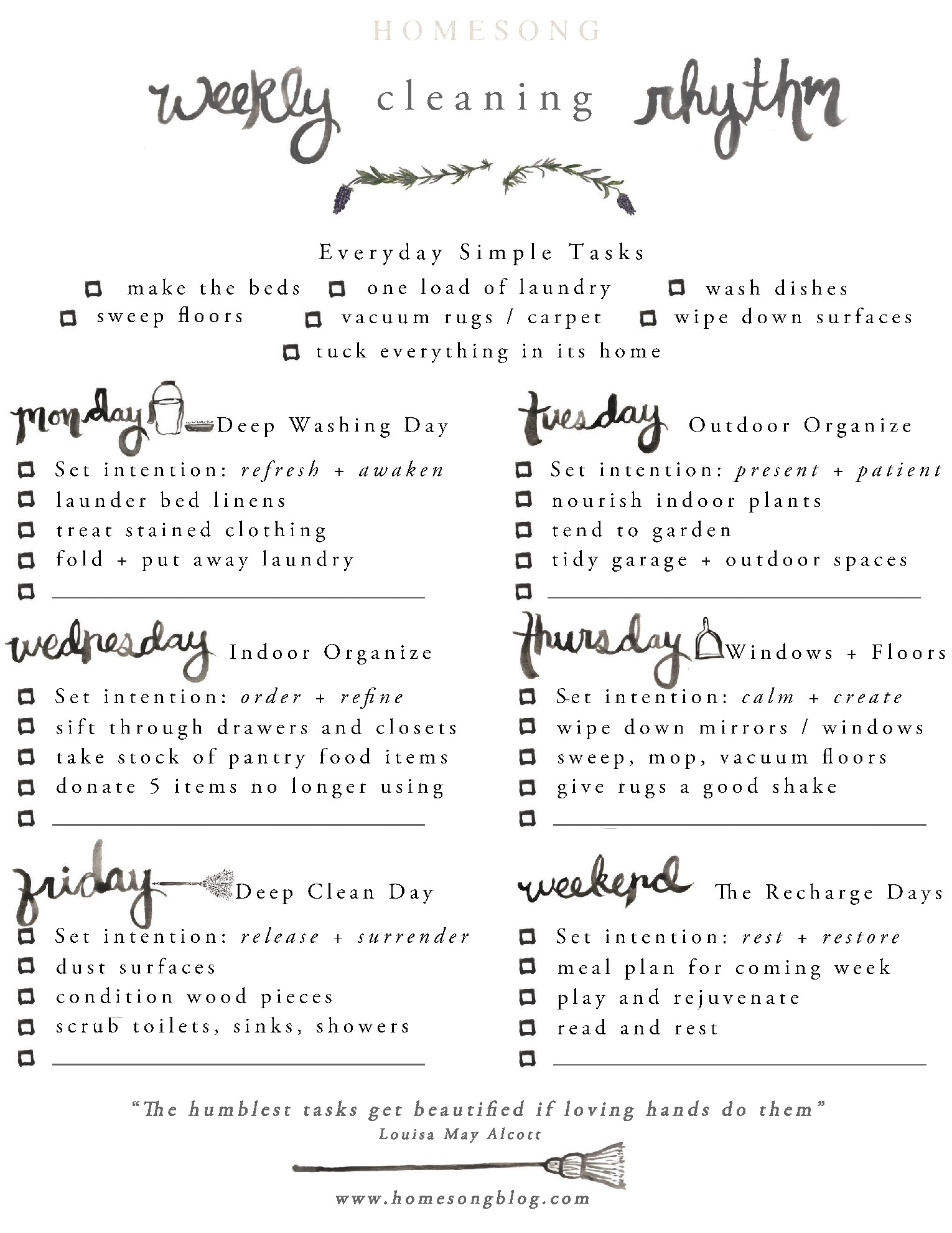 Weekly Cleaning Rhythm Printable Homesong