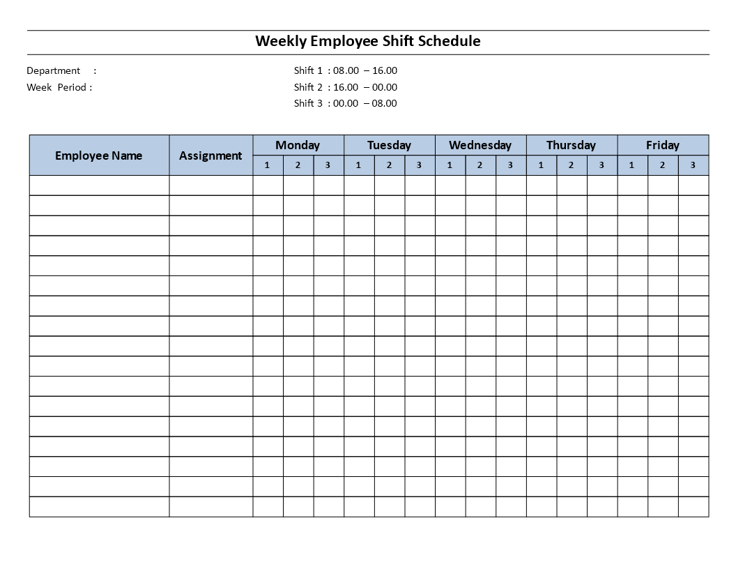 Weekly Employee 8 Hour Shift Schedule Mon To Fri Templates At Allbusinesstemplates