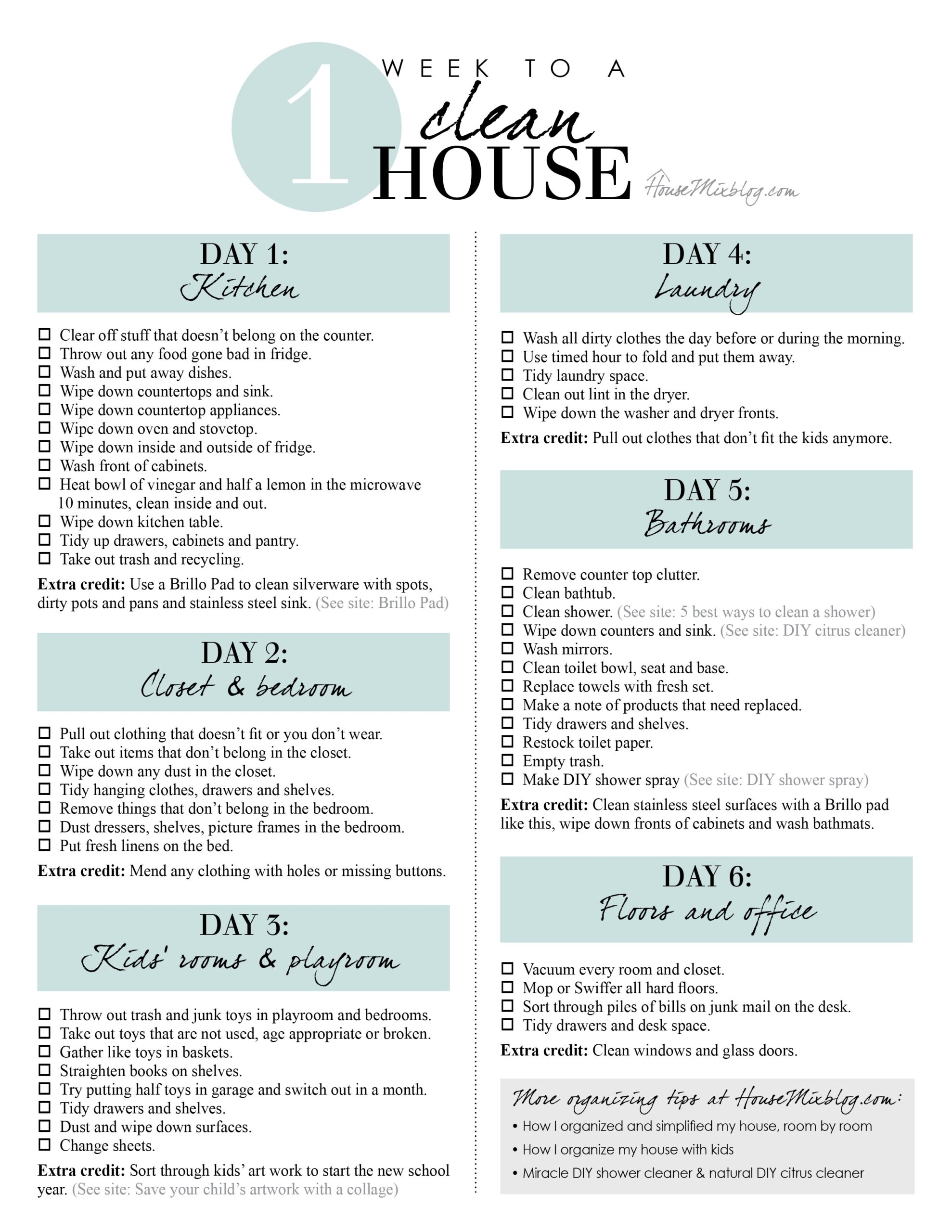 Weekly Home Clean Reset Routine Printable House Mix