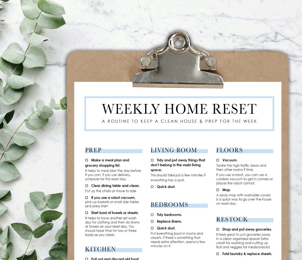 Weekly Home Clean Reset Routine Printable House Mix