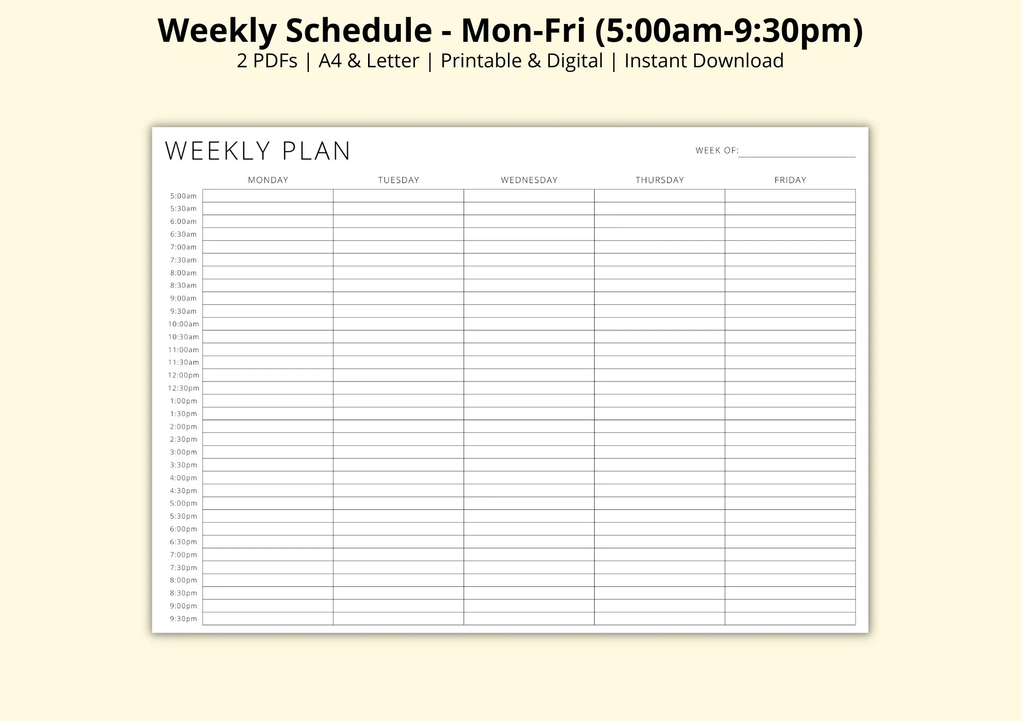 Weekly Schedule 5 Day Time Block Planner 30 Minute Interval Week At A Glance Revision study Timetable PDF Printable digital A4 letter Etsy