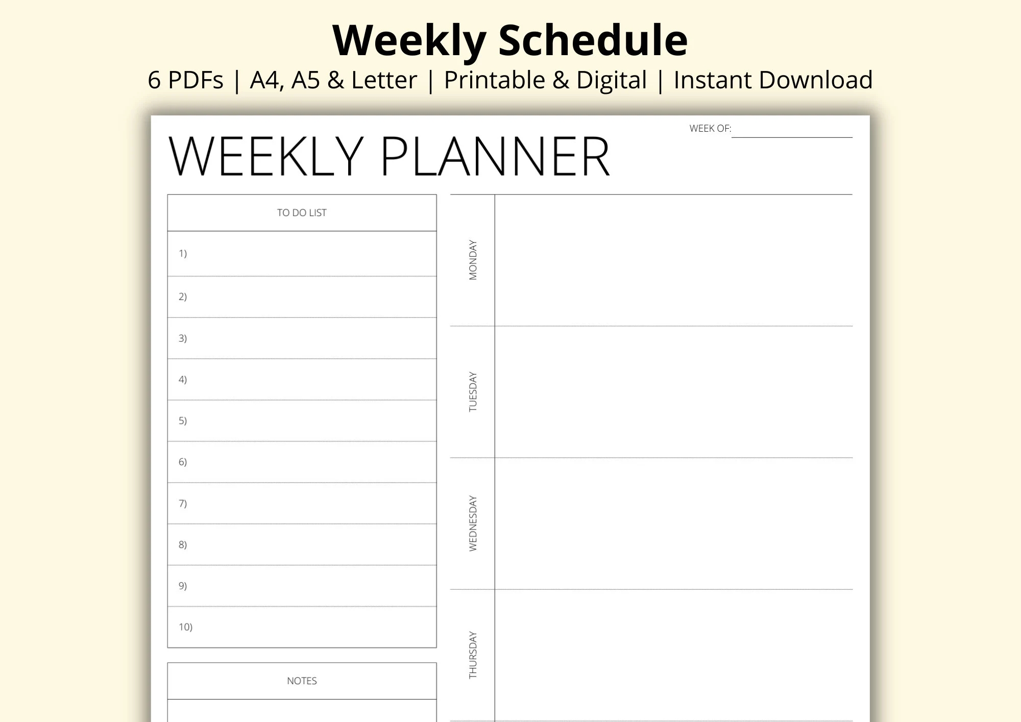 Weekly Schedule Blank 7 Day Planner PDF Weekly Overview Week At A Glance Template Productivity Planner Printable digital A4 a5 letter Etsy