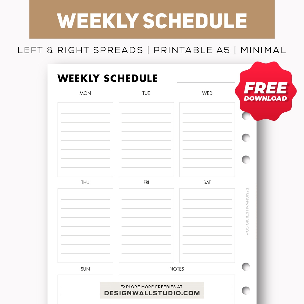 Weekly Schedule Printable Insert A5 Free PDF Download Two Page Layout 2 Versions