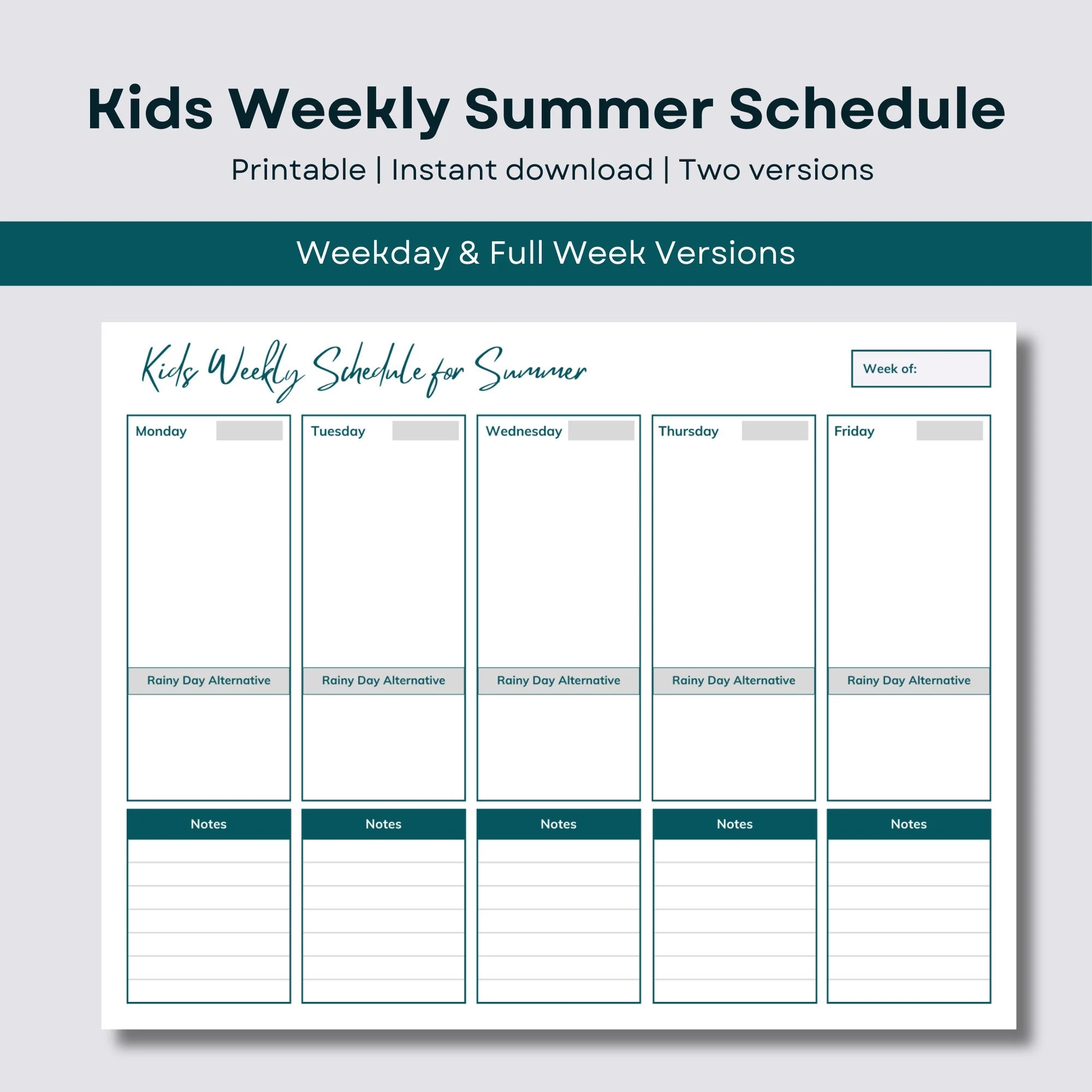 Weekly Summer Schedule For Kids Summer Calendar Kids Summer Schedule Summer Planner Family Weekly Schedule Printable PDF Etsy