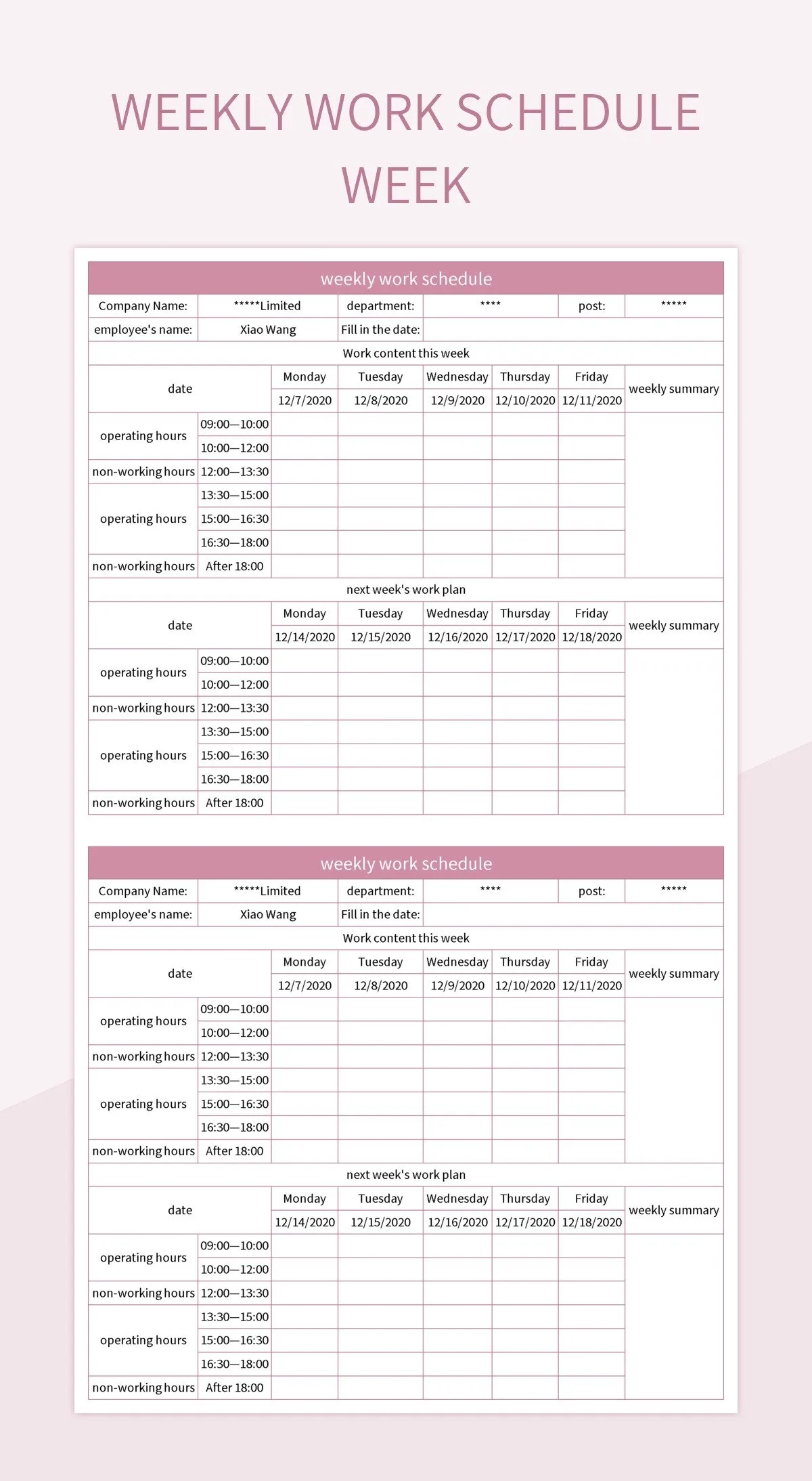 Weekly Work Schedule Week Excel Template And Google Sheets File For Free Download Slidesdocs