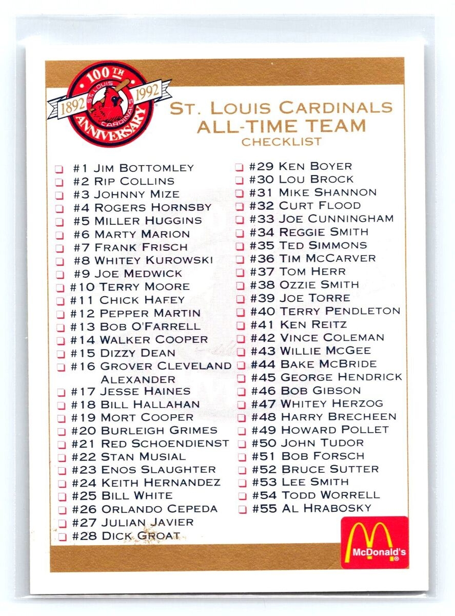 1992 Mcdonalds St Louis Cardinals All Time Team Checklist Cardinals EBay