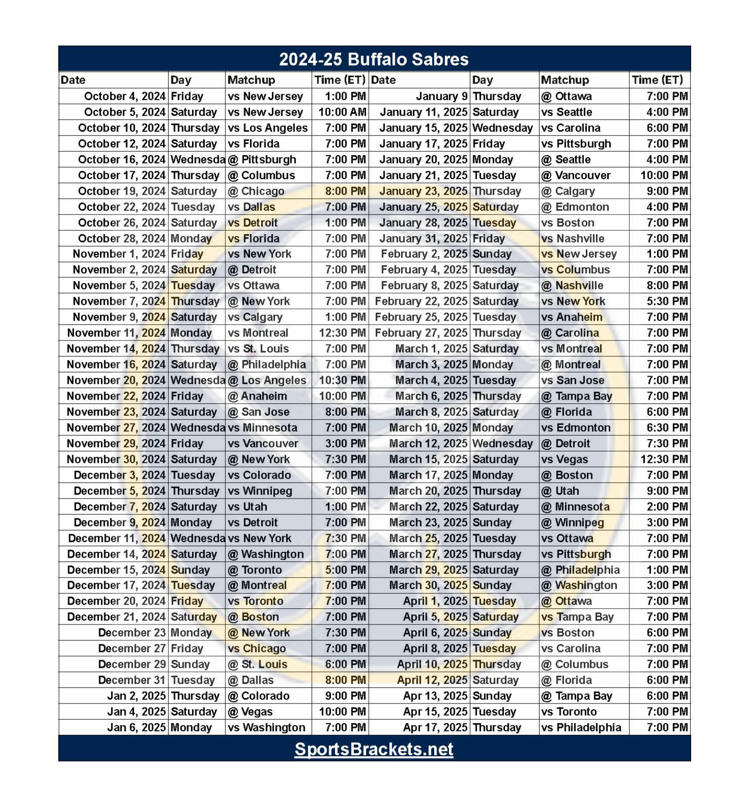 2024 25 Buffalo Sabres Schedule Printable PDF Format Sports Brackets