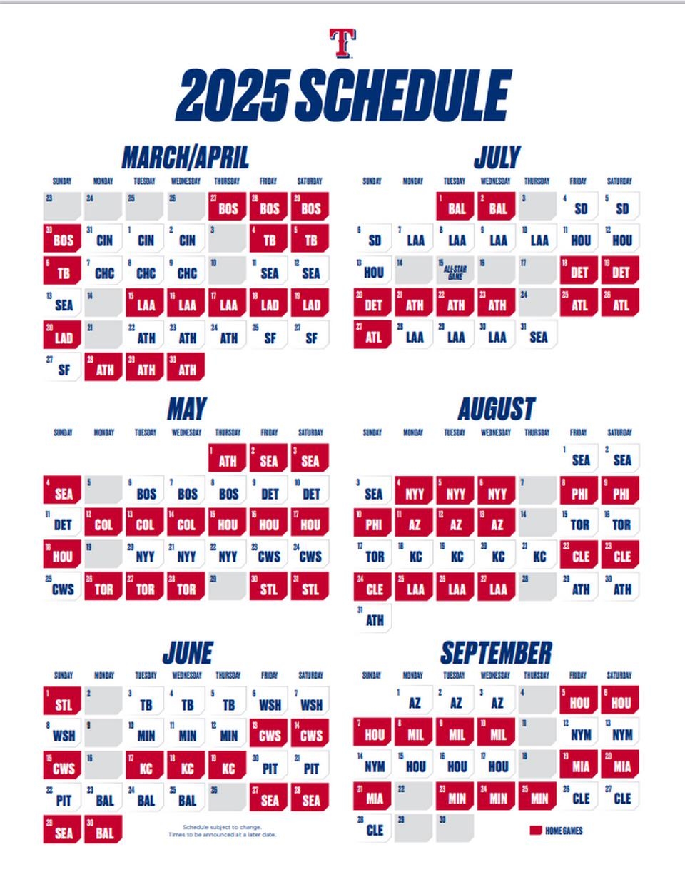 2025 Texas Rangers Regular Season Schedule R TexasRangers