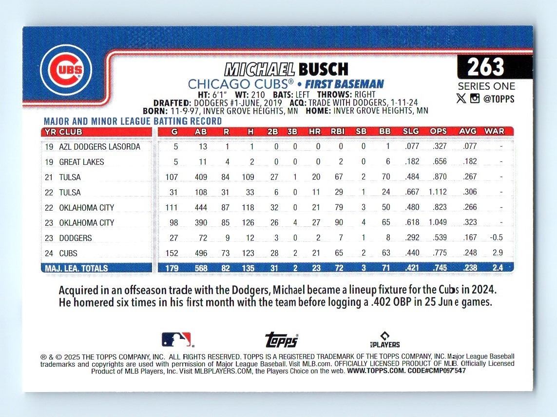 2025 Topps Series 1 Michael Busch Chicago Cubs 263 EBay
