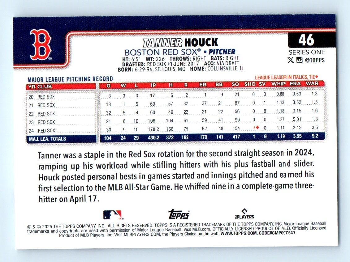2025 Topps Series 1 Tanner Houck Boston Red Sox 46 EBay