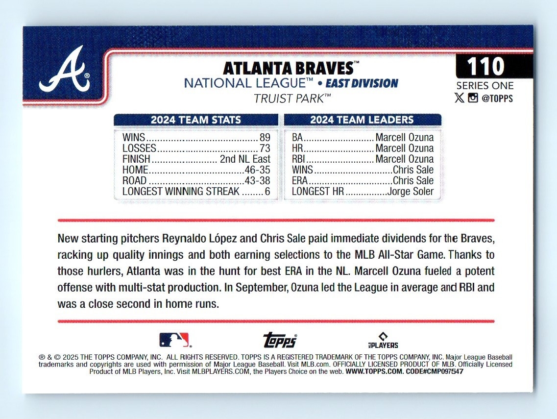 2025 Topps Series 1 Team Card Atlanta Braves 110 EBay