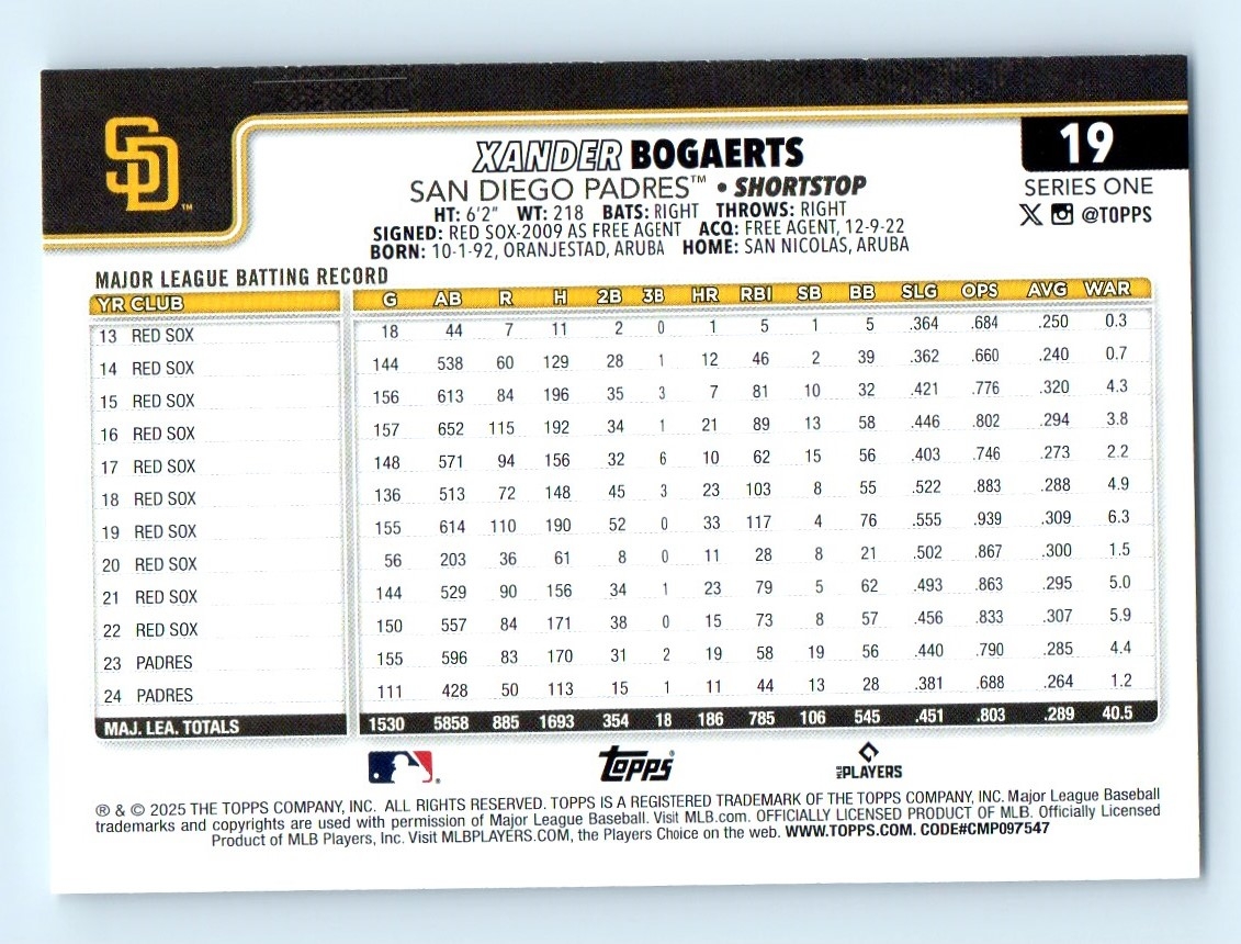 2025 Topps Series 1 Xander Bogaerts San Diego Padres 19 EBay