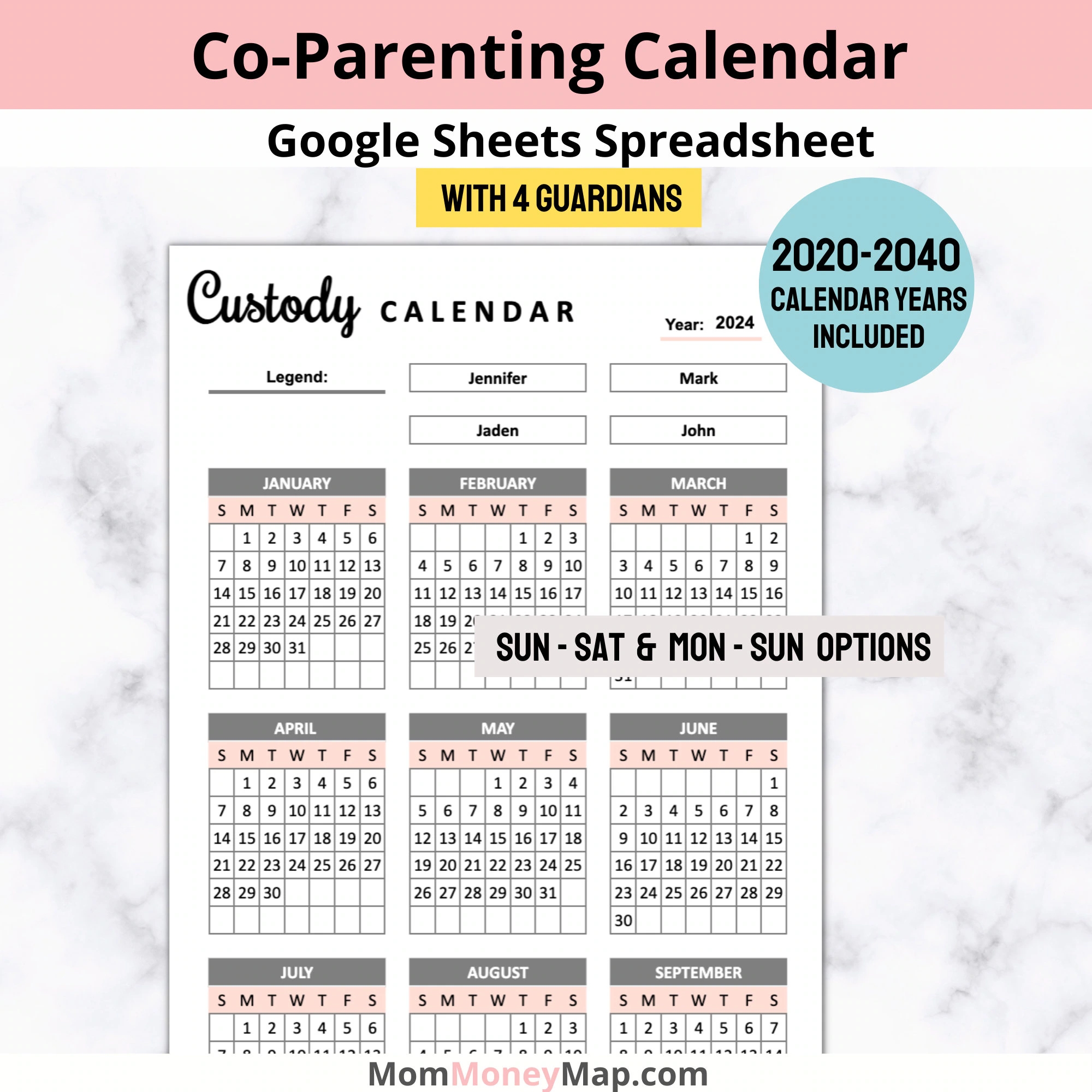 4 Guardians Co parenting Calendar Google Sheets Spreadsheet Co Parenting Calendar Child Custody Calendar Custody Schedule shared Calendar Etsy