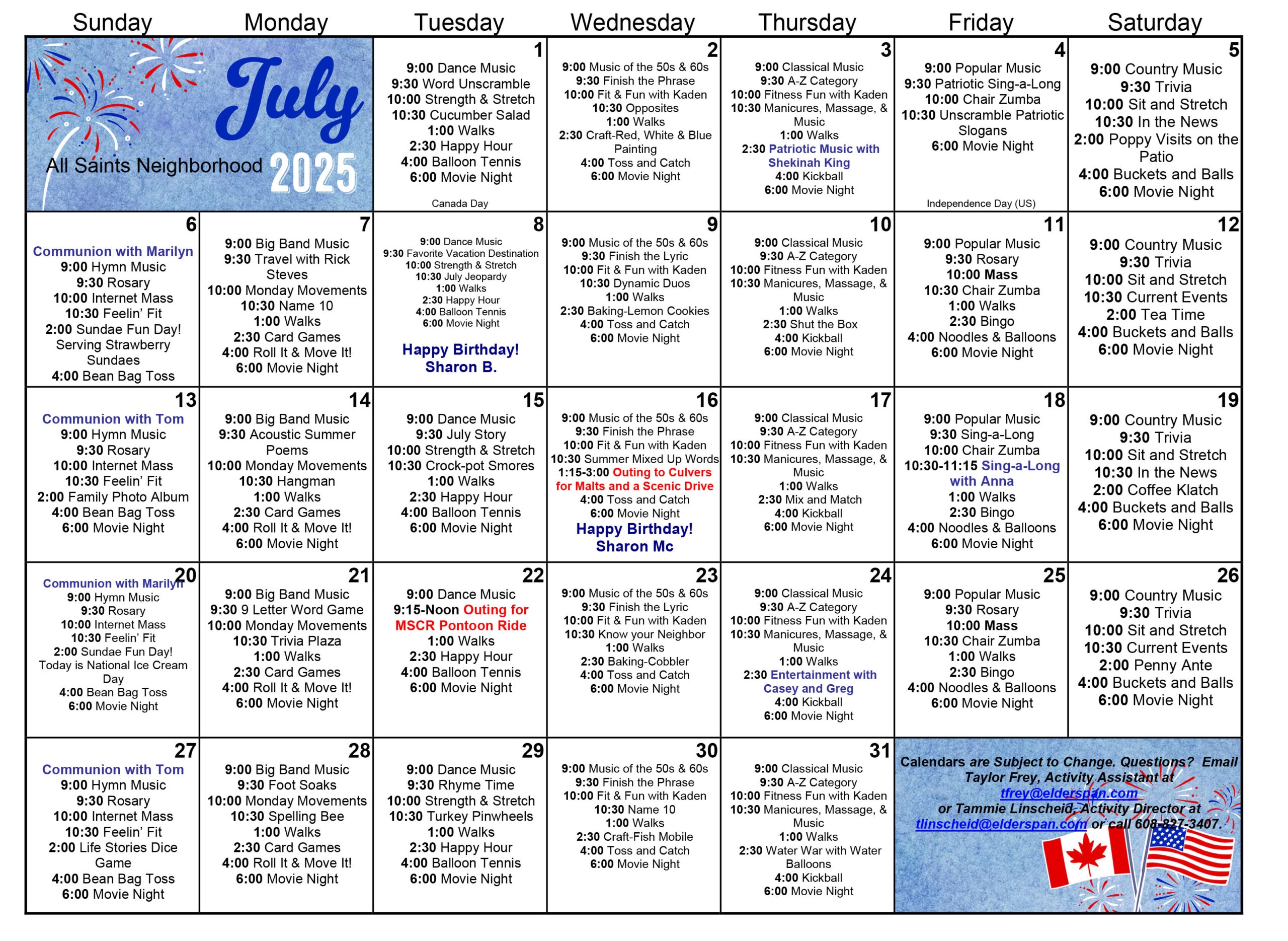 All Saints Memory Care Activity Calendar Madison WI