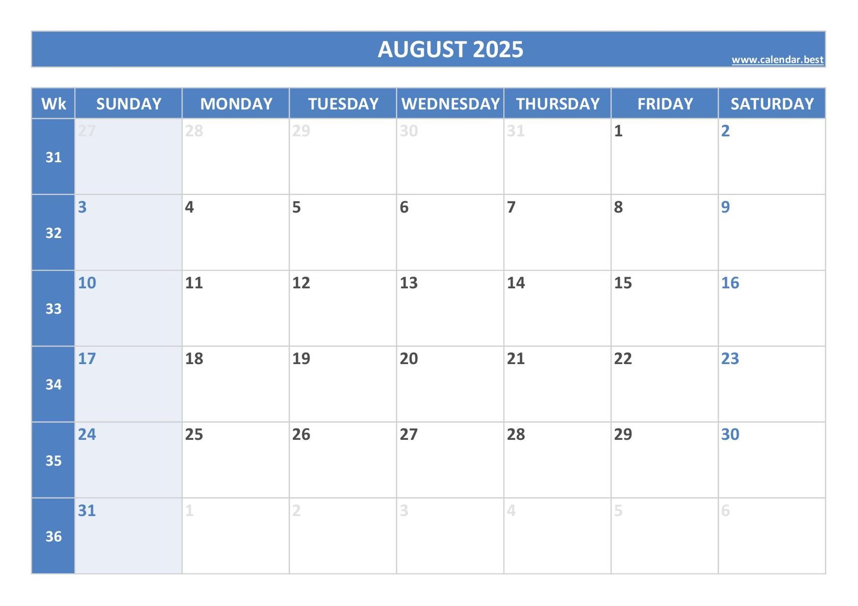 August 2025 Calendar Calendar best