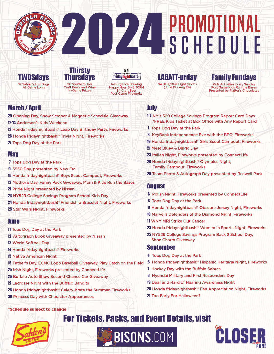 Buffalo Bisons Release 2024 Promotional Schedule