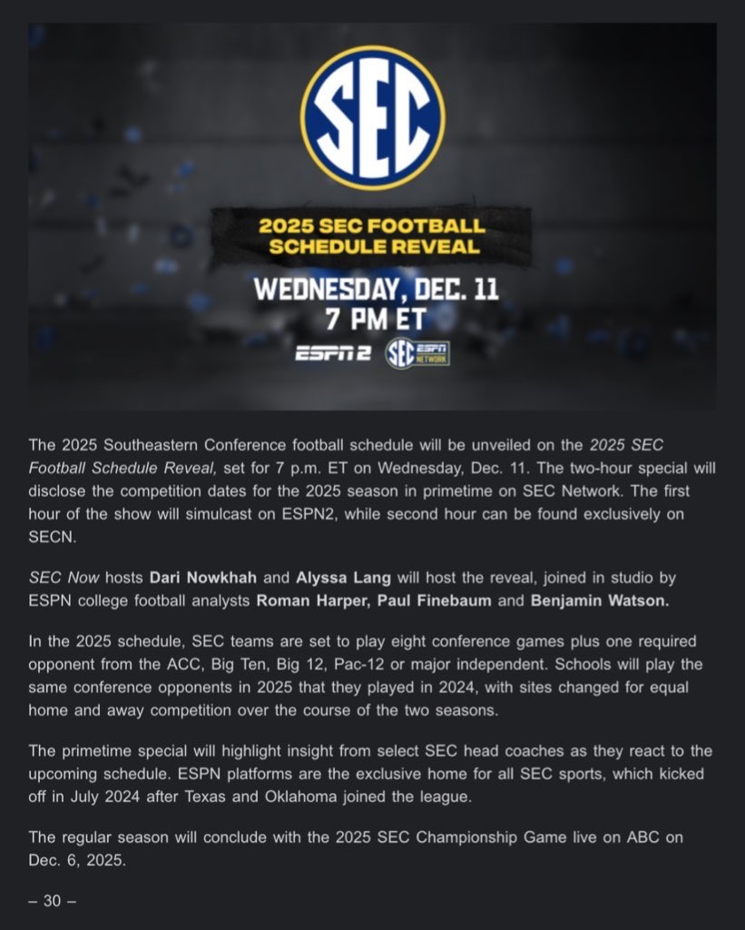 Charlie Potter On X 2025 SEC Football Game Dates Will Be Revealed Next Week On 12 11 Alabama s Known Games 8 30 At Florida State 9 6 ULM 9 13 Wisconsin 11 22 