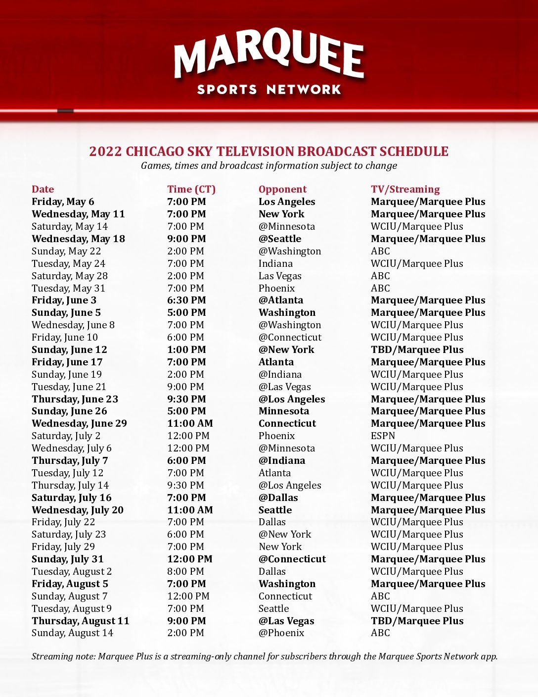 Chicago Sky Printable Schedule Marquee Sports Network Home Of The Cubs Bears Red Stars And Sky