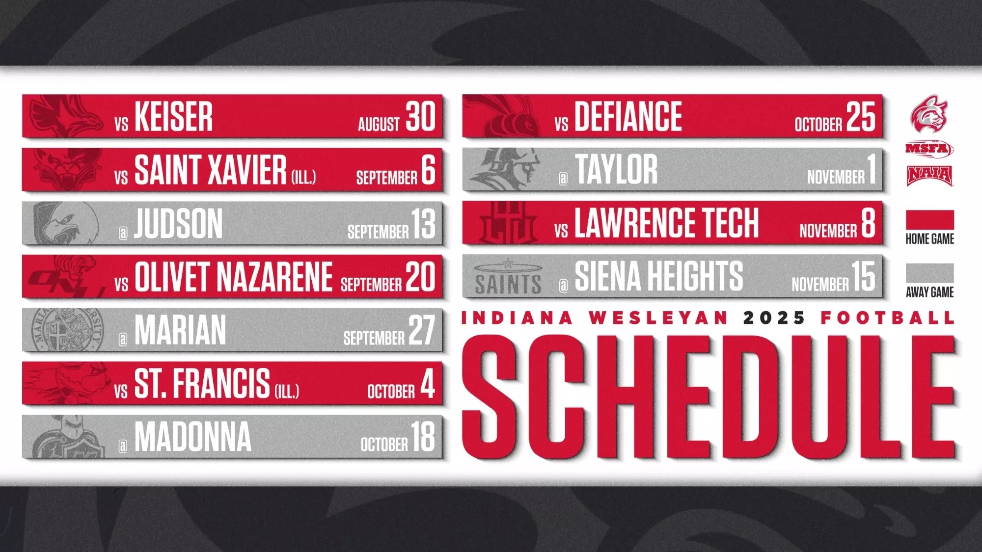 FOOTBALL ANNOUNCES 2025 SCHEDULE TICKET SALES SCHEDULE Indiana Wesleyan University