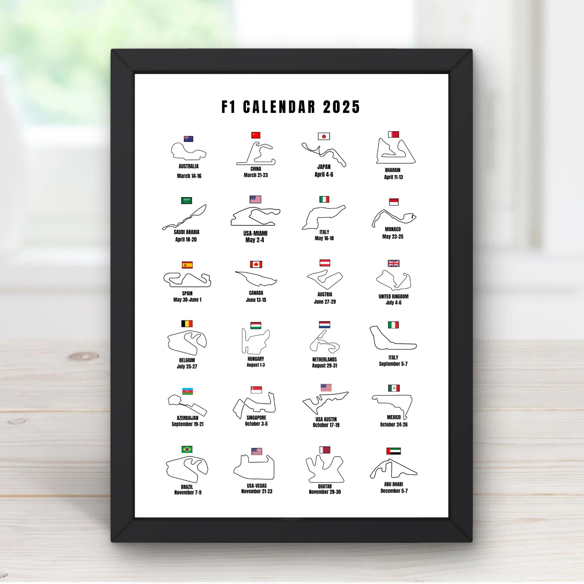Formula One Race Dates 2025 Race Calendar Digital Print F1 Grand Prix Dates 2025 F1 Race Tracks Etsy UK