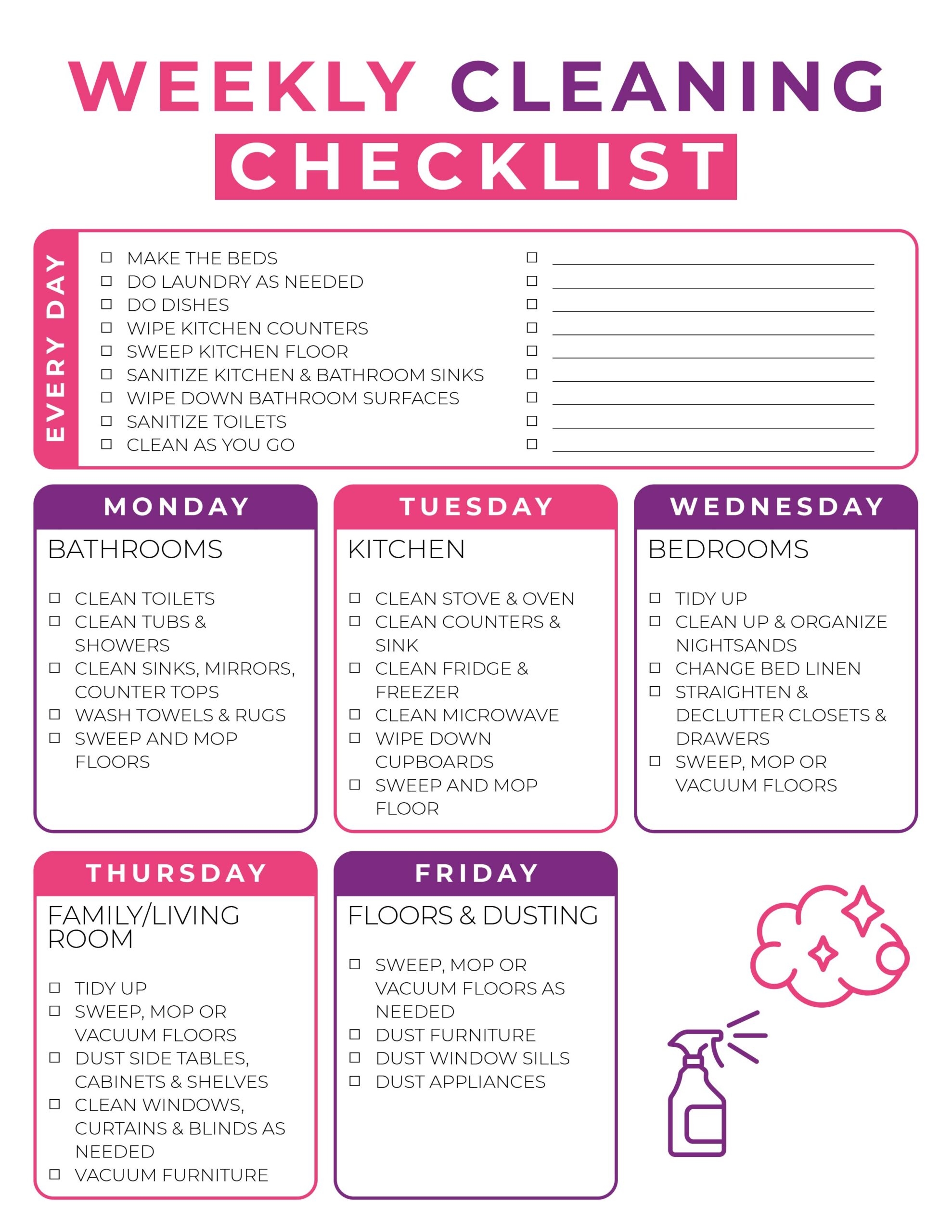 free printable weekly cleaning checklist instant pdf download the holy mess