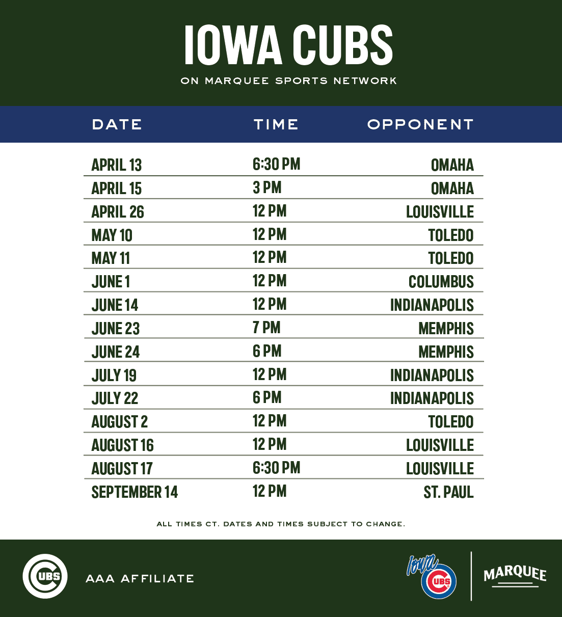 Iowa Cubs Minor League Baseball Schedule From Marquee Sports Network